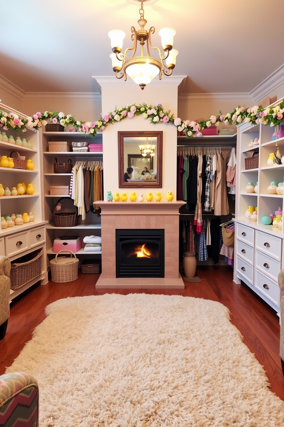 A cozy living room with a fireplace as the focal point. On the mantel, there are miniature chick figurines arranged in a playful manner. Shelves on either side of the fireplace display more chick figurines, each one unique in its design and color. The room is bathed in warm light from a chandelier, casting a soft glow on the charming collection. An inviting walk-in closet decorated for Easter. The shelves and drawers are adorned with pastel-colored baskets filled with eggs and miniature bunnies. Above the clothing racks, garlands of flowers and Easter-themed ornaments hang, adding a festive touch. A plush rug in the center of the closet provides a cozy spot to sit and enjoy the holiday decorations.