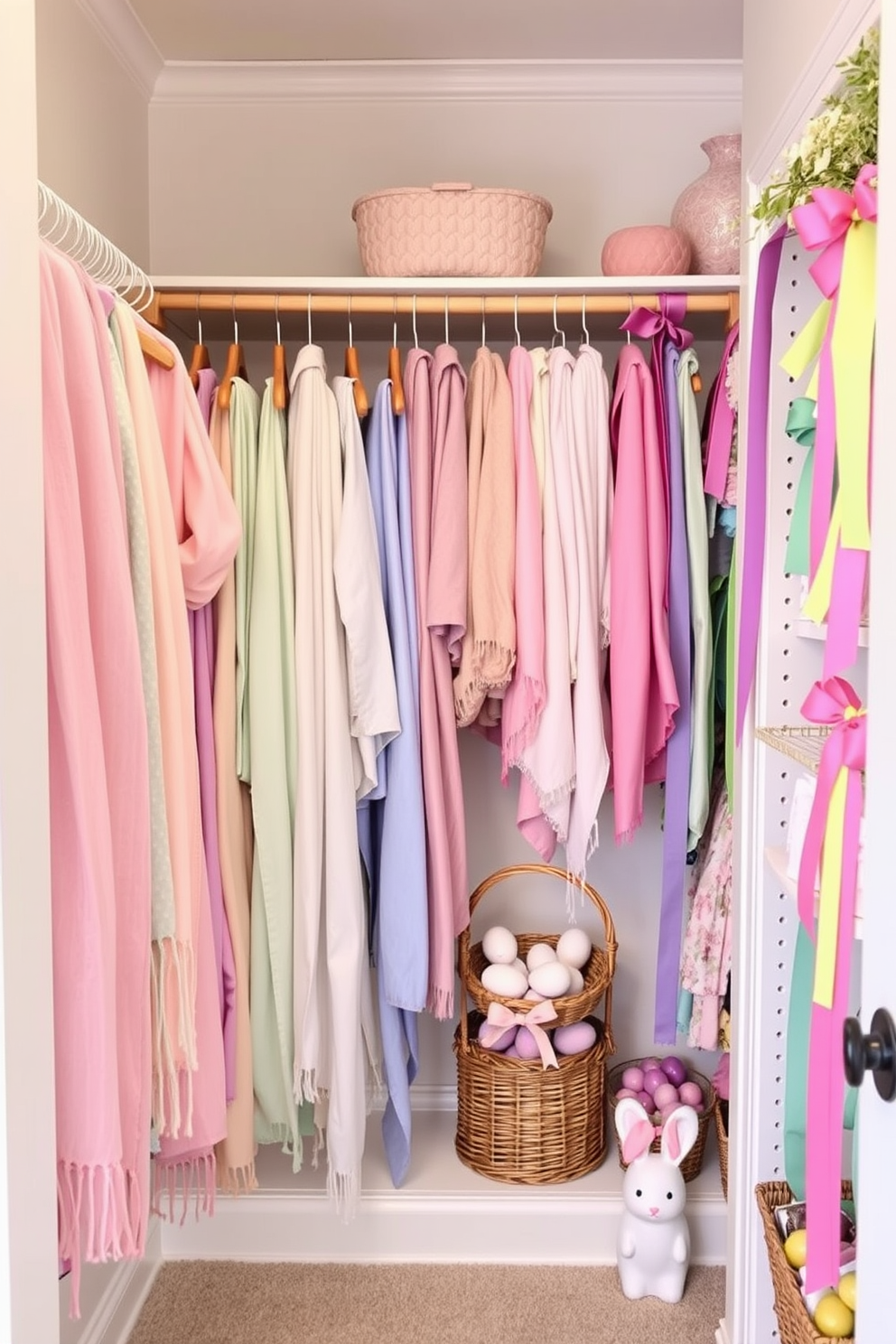 A cozy walk-in closet adorned with pastel-colored scarves for spring. The scarves are neatly hung on a wooden rack, with each color blending harmoniously to create a soft, inviting atmosphere. A charming closet decorated for Easter with vibrant, festive touches. Delicate pastel eggs are nestled in baskets on the shelves, while colorful ribbons and bunny figurines add a playful touch to the space.