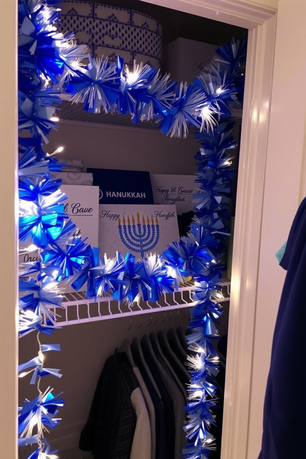 A festive closet adorned with blue and silver garlands, creating a cheerful atmosphere for Hanukkah celebrations. The garlands drape elegantly across the closet shelves, complemented by twinkling fairy lights that add a warm glow to the space.