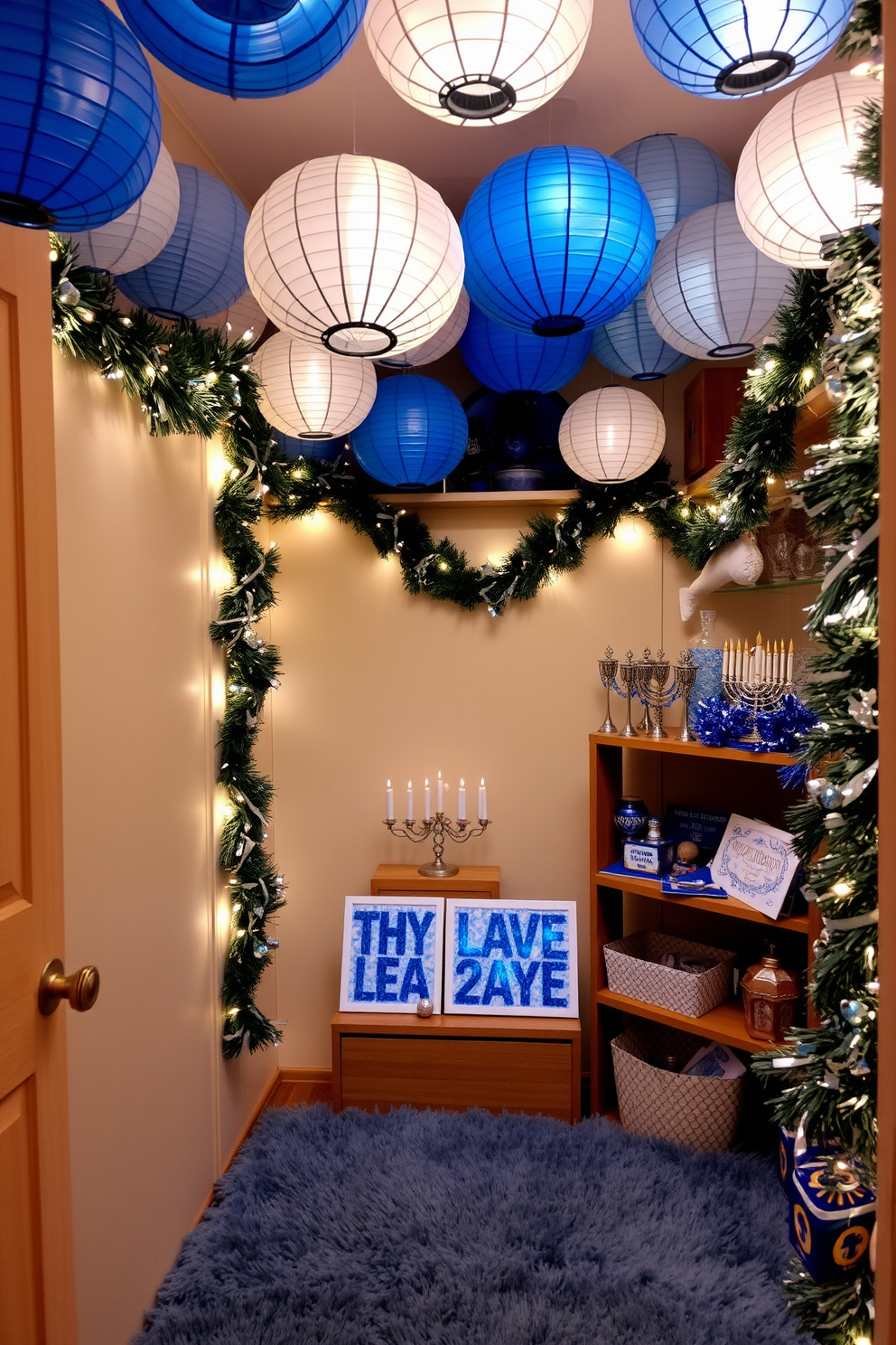 A cozy holiday-themed closet adorned with blue and white paper lanterns hanging from the ceiling, creating a warm and inviting glow. The walls are decorated with festive garlands and subtle twinkling lights, enhancing the cheerful atmosphere of the space. In one corner, a beautifully arranged display of Hanukkah decorations showcases menorahs and dreidels, all artfully placed on a wooden shelf. The floor is covered with a soft, plush rug in shades of blue, providing a comfortable area for guests to admire the festive decor.