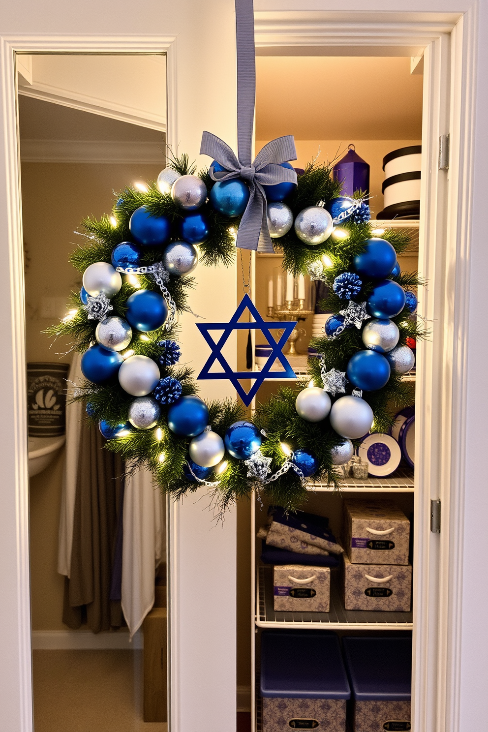 A festive Hanukkah-themed wreath adorned with blue and silver ornaments, featuring a central Star of David, hangs gracefully on the front door. Surrounding the wreath, soft white lights twinkle, creating a warm and inviting atmosphere for the holiday season. Inside the closet, shelves are neatly organized with Hanukkah decorations, including menorahs, dreidels, and colorful candles. The space is enhanced with decorative boxes containing themed tableware, ensuring everything is easily accessible for holiday gatherings.