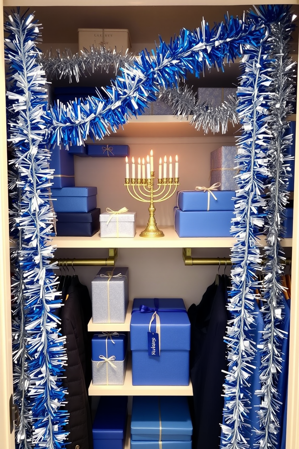 A festive closet decorated for Hanukkah, adorned with shimmering silver and blue tinsel draped elegantly across the shelves. The space features neatly organized holiday attire, with decorative boxes wrapped in matching colors and a menorah placed prominently on a central shelf.