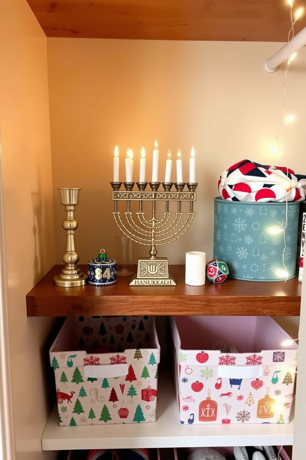 A charming miniature menorah display is elegantly arranged on a wooden shelf, featuring intricate designs and vibrant colors that capture the spirit of Hanukkah. Surrounding the menorah, small decorative items like dreidels and gelt add a festive touch, creating a warm and inviting atmosphere. For closet Hanukkah decorating ideas, consider using festive storage bins adorned with holiday patterns to organize decorations and gifts. Hang string lights inside the closet to illuminate the space, making it a delightful surprise when opened during the holiday season.