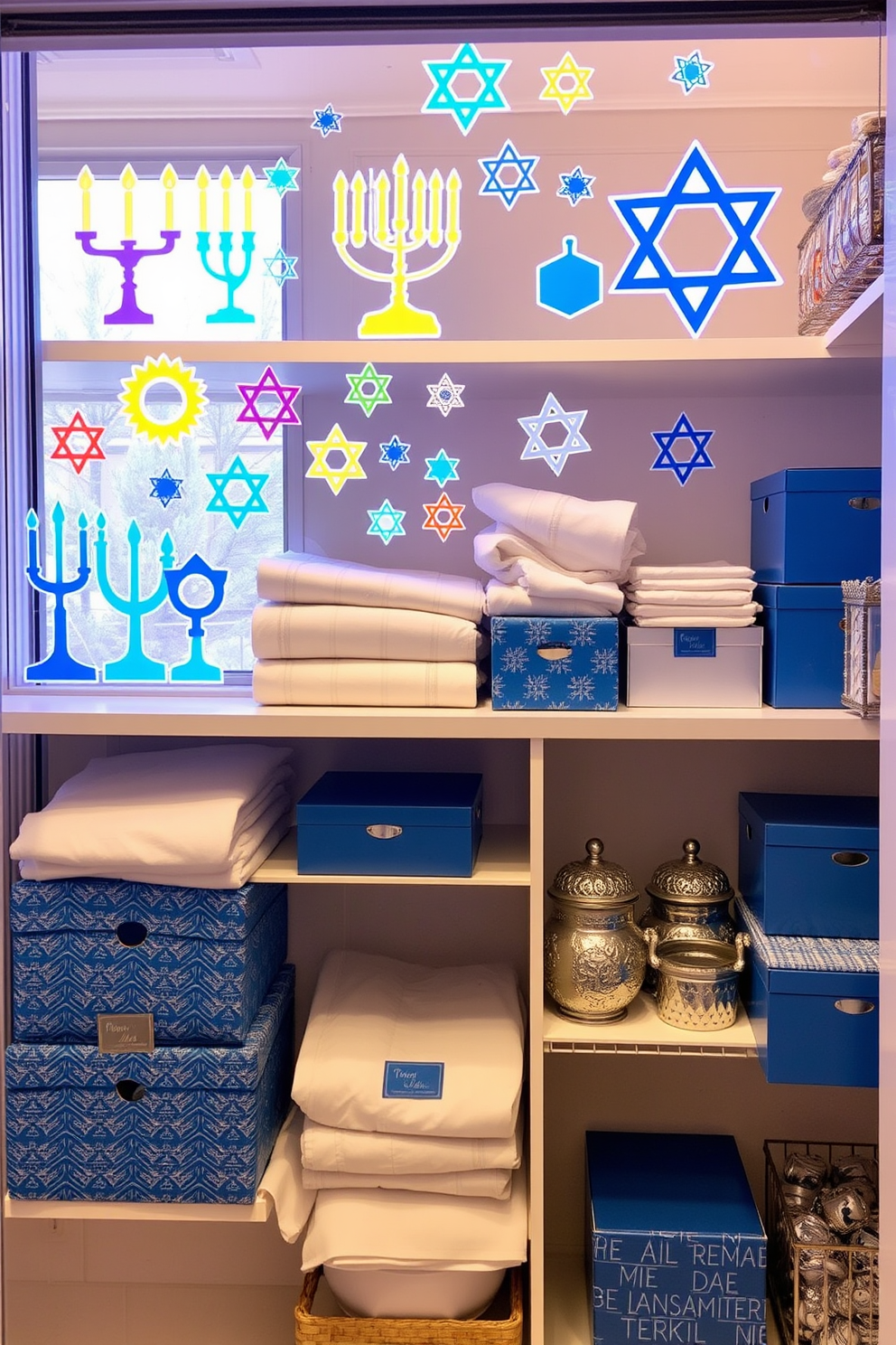 A festive window display adorned with vibrant Hanukkah-themed clings featuring traditional symbols such as menorahs, dreidels, and Stars of David. The clings are strategically placed to create a cheerful and welcoming atmosphere, enhancing the holiday spirit in the home. A beautifully organized closet showcasing Hanukkah decorations, including neatly folded table linens and decorative items. Shelves are adorned with themed boxes and containers, all in shades of blue and silver, creating a cohesive and festive look.