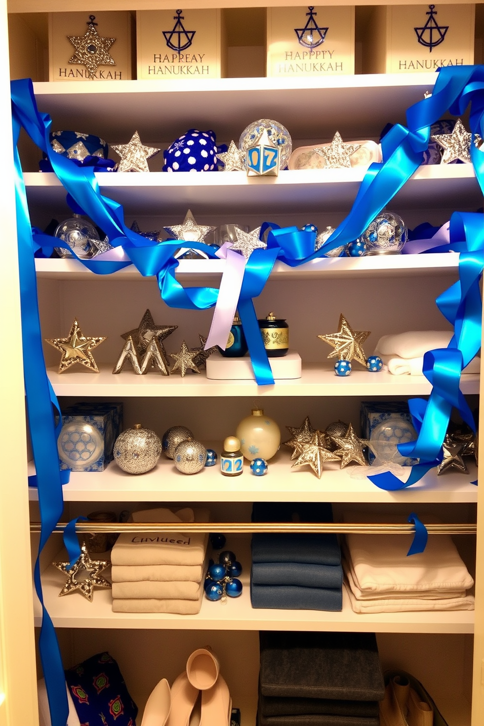 A beautifully decorated closet for Hanukkah, featuring blue and silver ribbons elegantly draped along the shelves. The closet is adorned with shimmering ornaments, including stars and dreidels, creating a festive atmosphere that celebrates the holiday spirit.