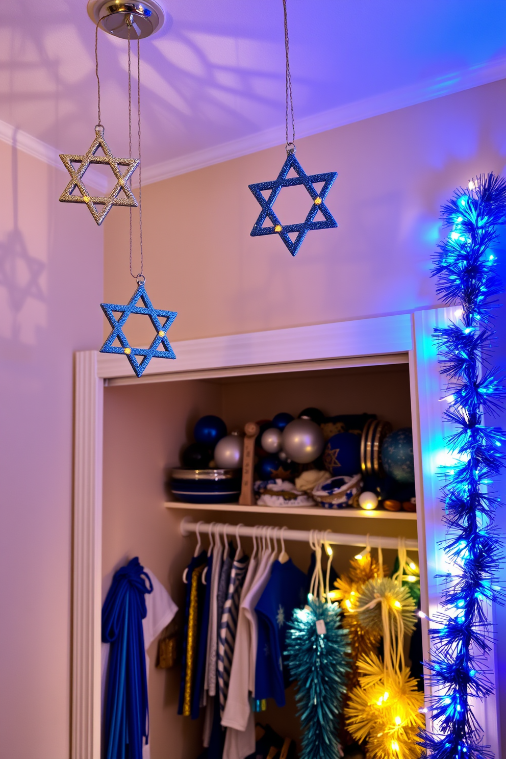 A festive display featuring Star of David hanging ornaments gracefully suspended from the ceiling, casting beautiful shadows on the walls. The ornaments are crafted from shimmering materials, reflecting the warm glow of soft, ambient lighting throughout the room. In the closet, a variety of Hanukkah decorations are neatly organized, showcasing vibrant colors and textures. String lights intertwined with blue and silver garlands add a cheerful touch, creating an inviting atmosphere for holiday celebrations.