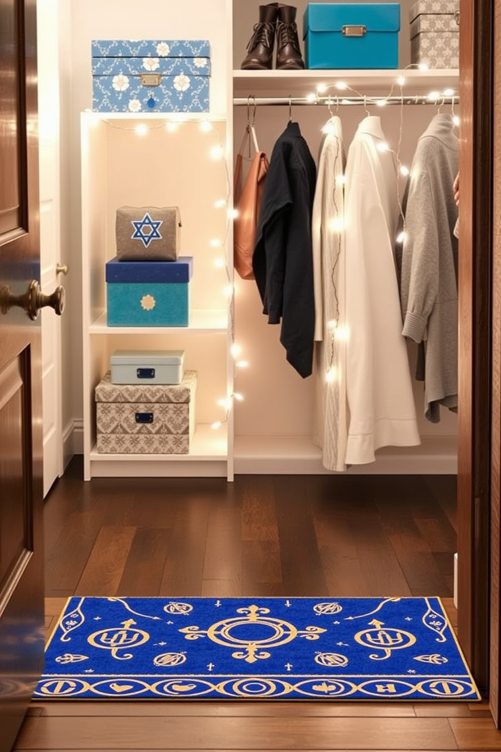 A festive Hanukkah-themed doormat welcomes guests with a vibrant blue background adorned with traditional symbols such as menorahs and dreidels. The design features gold accents that shimmer in the light, creating a warm and inviting entryway. For closet Hanukkah decorating ideas, consider incorporating decorative boxes in shades of blue and silver to store holiday items. Hang string lights inside the closet to add a magical touch, illuminating the space with a soft glow that enhances the festive atmosphere.