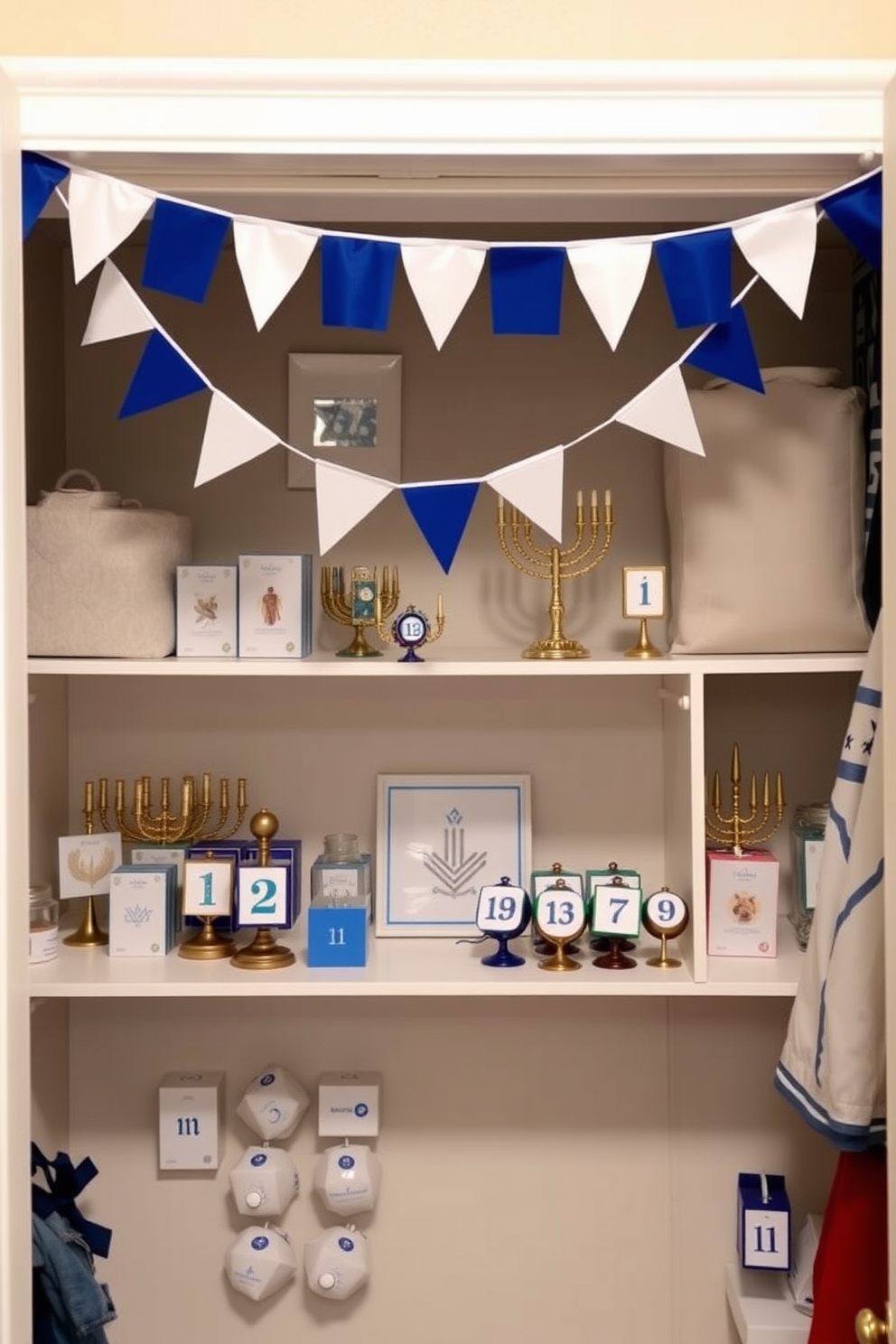 A festive Hanukkah-themed closet decorated with blue and white bunting strung across the top. The closet features shelves lined with traditional menorahs and dreidels, creating a vibrant and celebratory atmosphere.