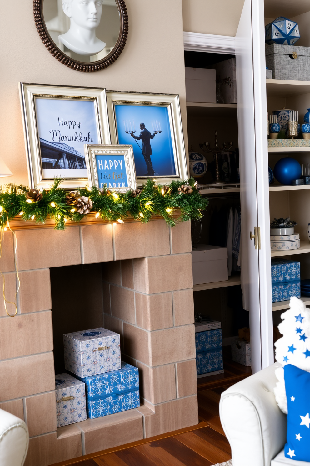 A cozy living room adorned with Hanukkah-themed picture frames. The frames are elegantly displayed on a wooden mantel, surrounded by soft white fairy lights and seasonal greenery. In the closet, festive decorations are neatly organized, featuring blue and silver accents that reflect the spirit of Hanukkah. Shelves are lined with decorative boxes containing dreidels and menorahs, creating a cheerful and inviting atmosphere.