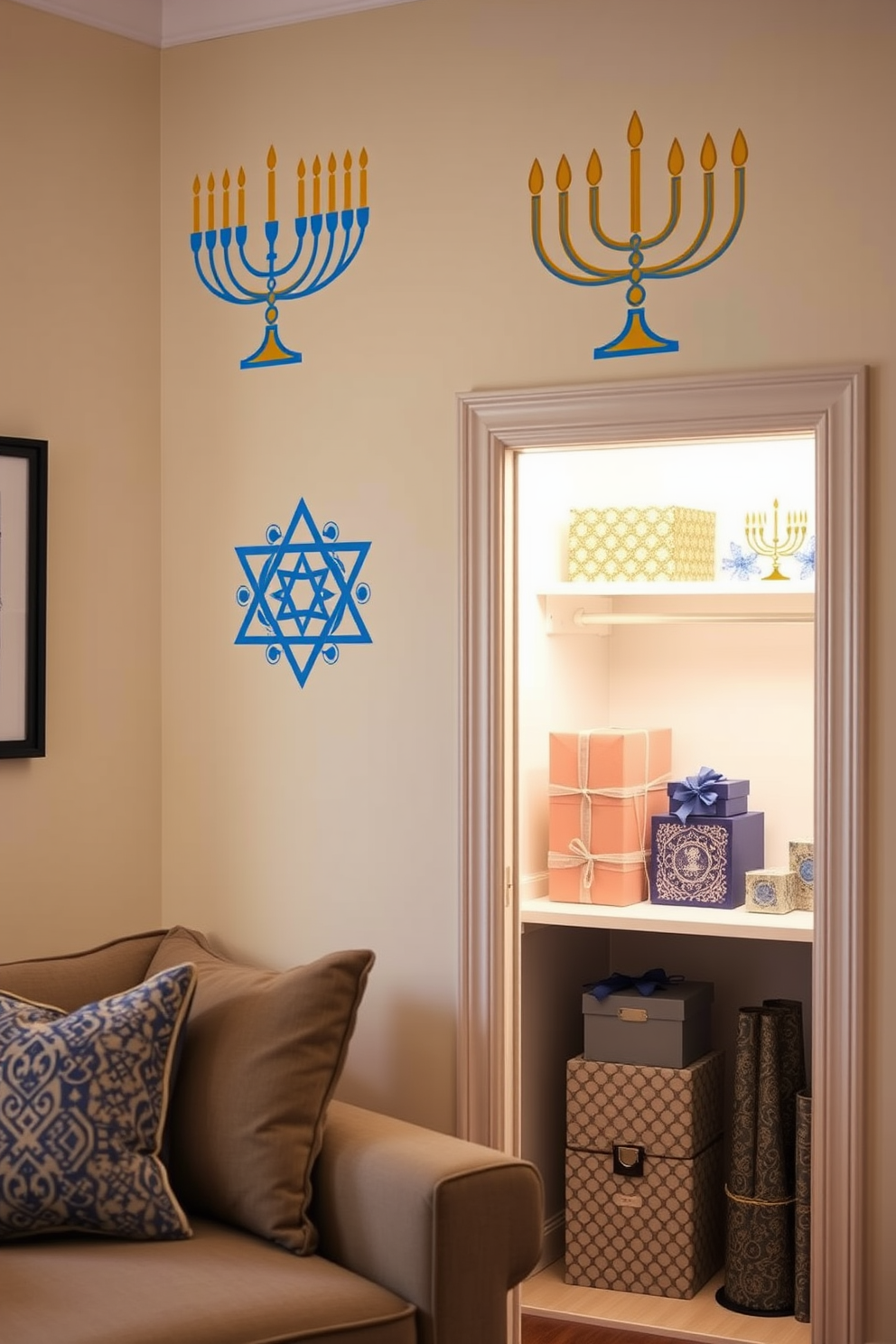 Create a cozy living space adorned with Menorah-themed wall decals that celebrate the spirit of Hanukkah. The decals feature intricate designs in blue and gold, adding a festive touch to the room's neutral-colored walls. Incorporate a stylish closet area that showcases Hanukkah decorations, including elegant wrapping paper and decorative boxes. Soft lighting highlights the festive items, creating a warm and inviting atmosphere for the holiday season.