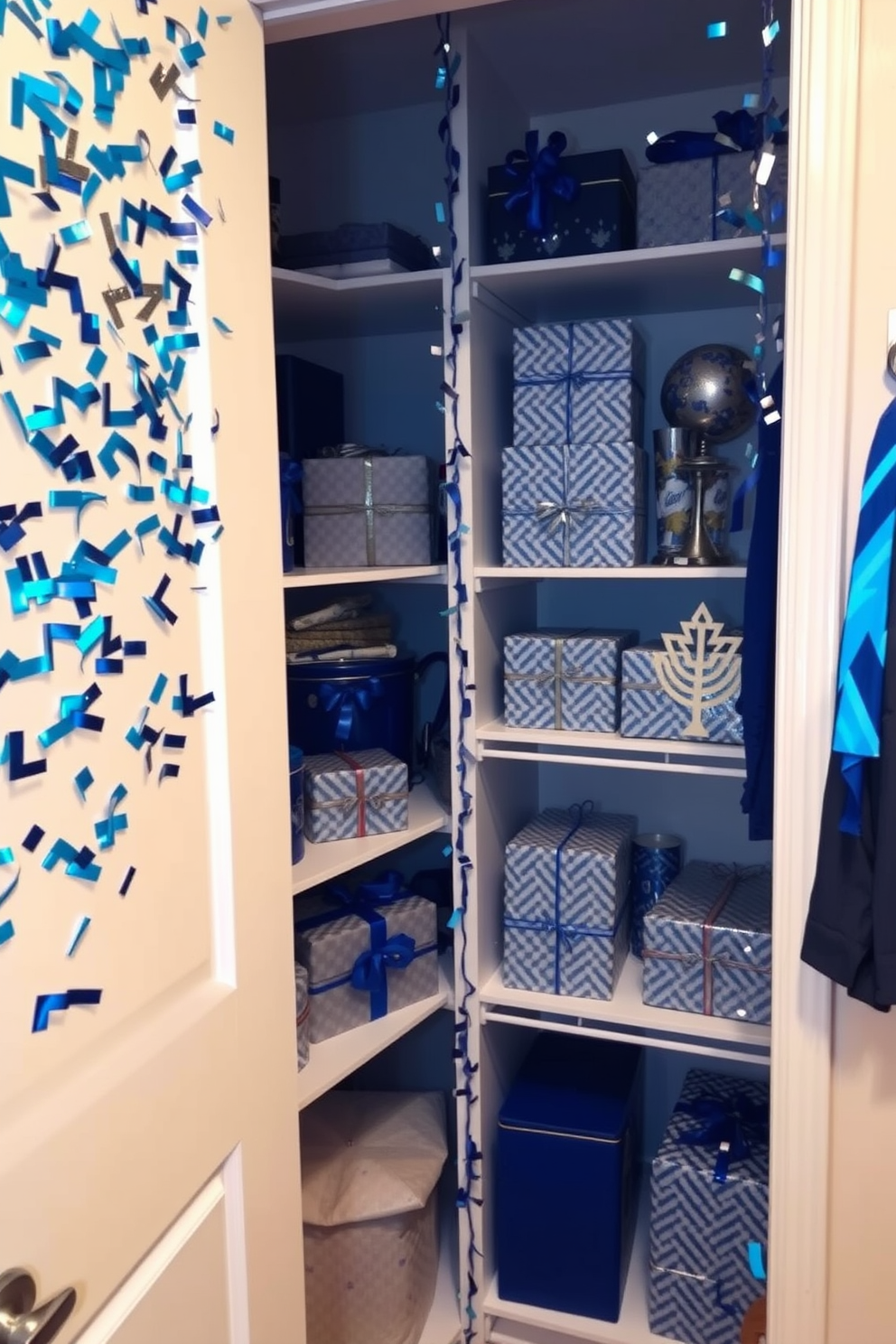 A vibrant and festive closet decorated for Hanukkah. The walls are adorned with blue and silver confetti, creating a celebratory atmosphere, while shelves are filled with beautifully wrapped gifts and decorative items that reflect the holiday spirit.