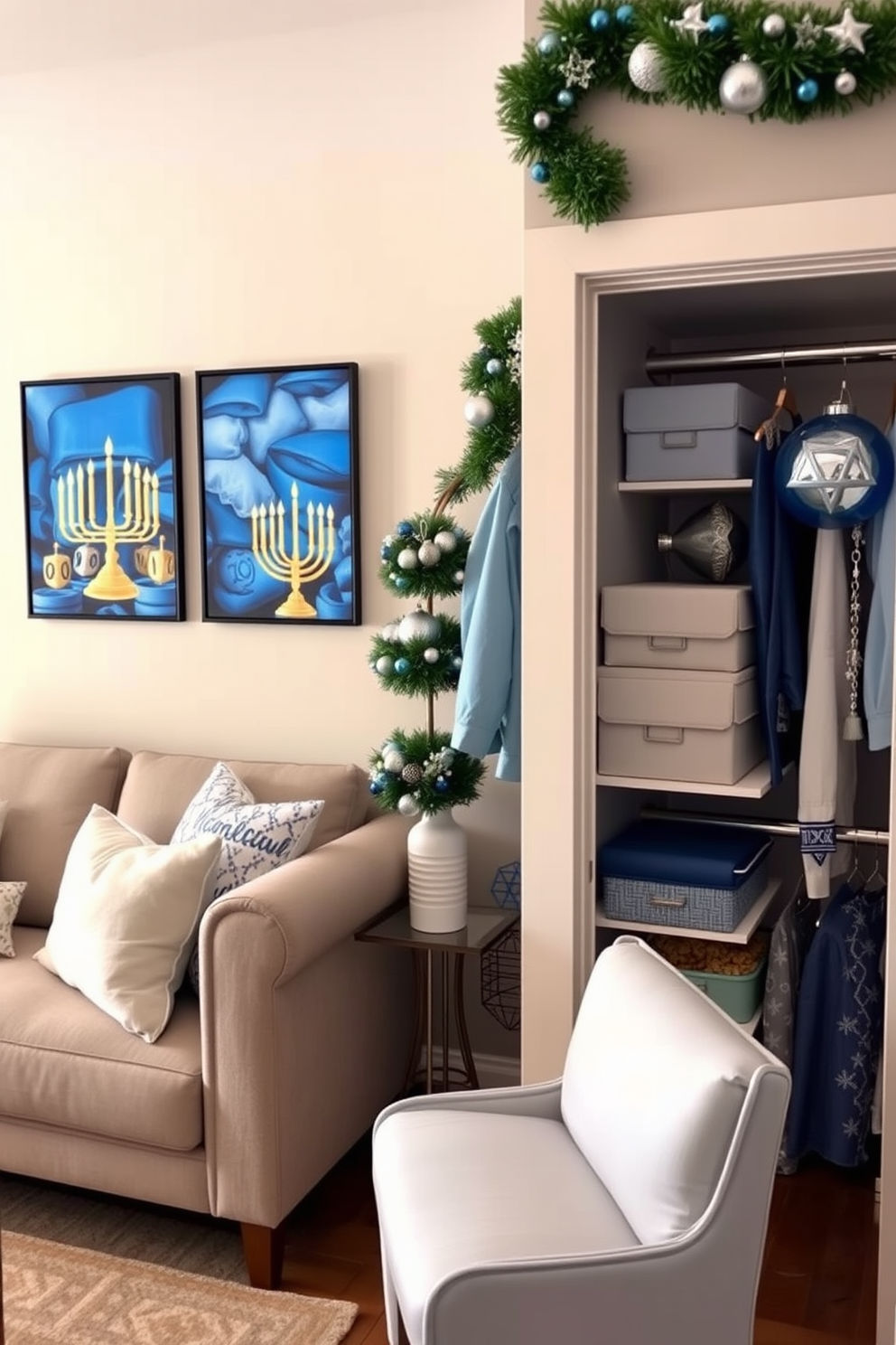 A cozy living space adorned with Hanukkah-themed wall art. The artwork features vibrant blues and golds, depicting traditional symbols like menorahs and dreidels, creating a festive atmosphere. A stylish closet decorated for Hanukkah, showcasing a blend of practical storage solutions and holiday cheer. Soft blue and silver accents, along with decorative elements like Star of David ornaments, enhance the festive spirit while maintaining functionality.