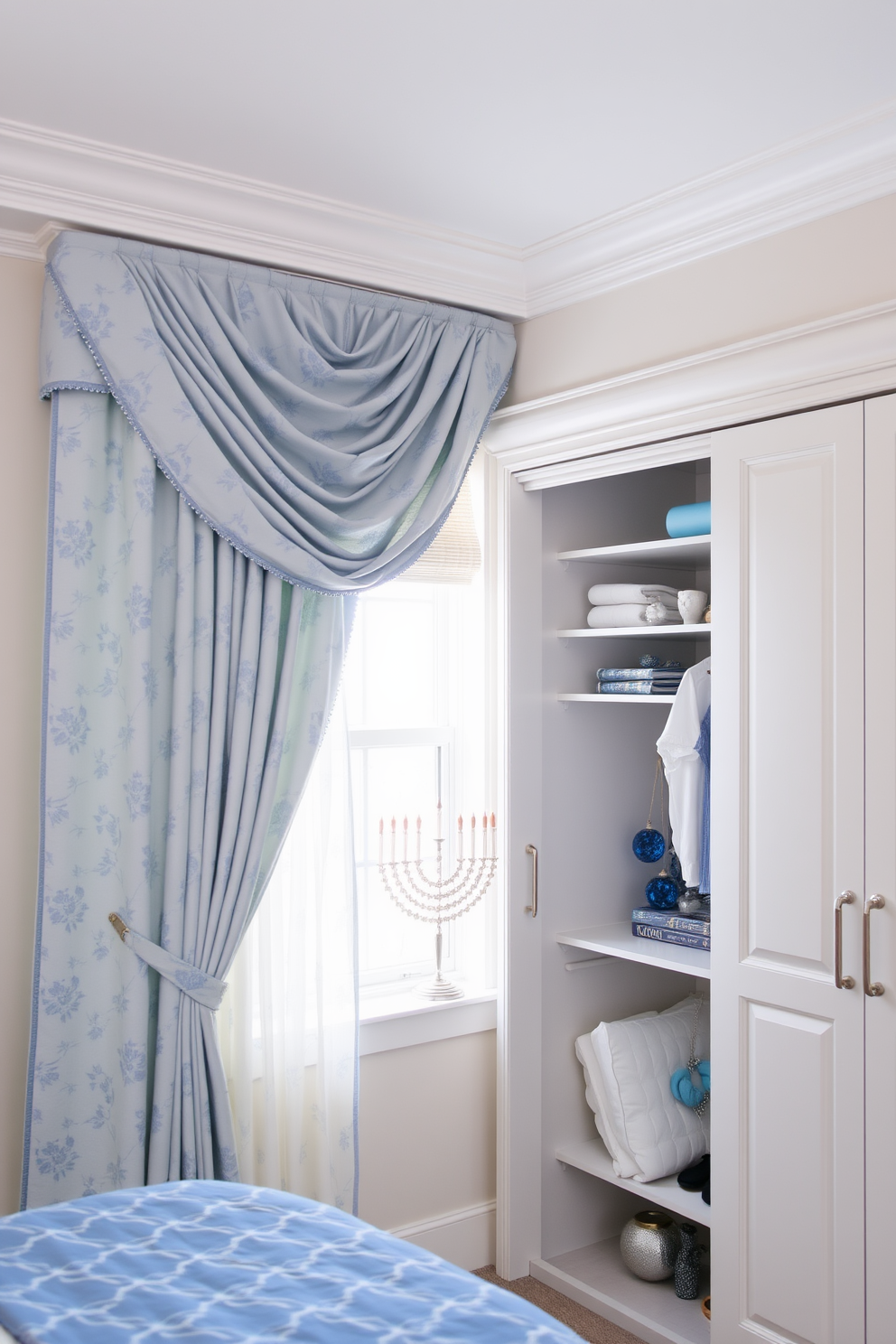 A serene bedroom adorned with blue and white fabric drapes that cascade elegantly from the ceiling, framing a large window that lets in natural light. The drapes feature a delicate floral pattern, adding a touch of sophistication to the space while complementing the soft, neutral walls. In the corner of the room, a spacious closet is designed with custom shelving and hanging space, featuring elegant hardware that reflects the room's overall aesthetic. The closet is neatly organized, showcasing festive Hanukkah decorations, including a beautifully arranged menorah and decorative blue and silver accents.