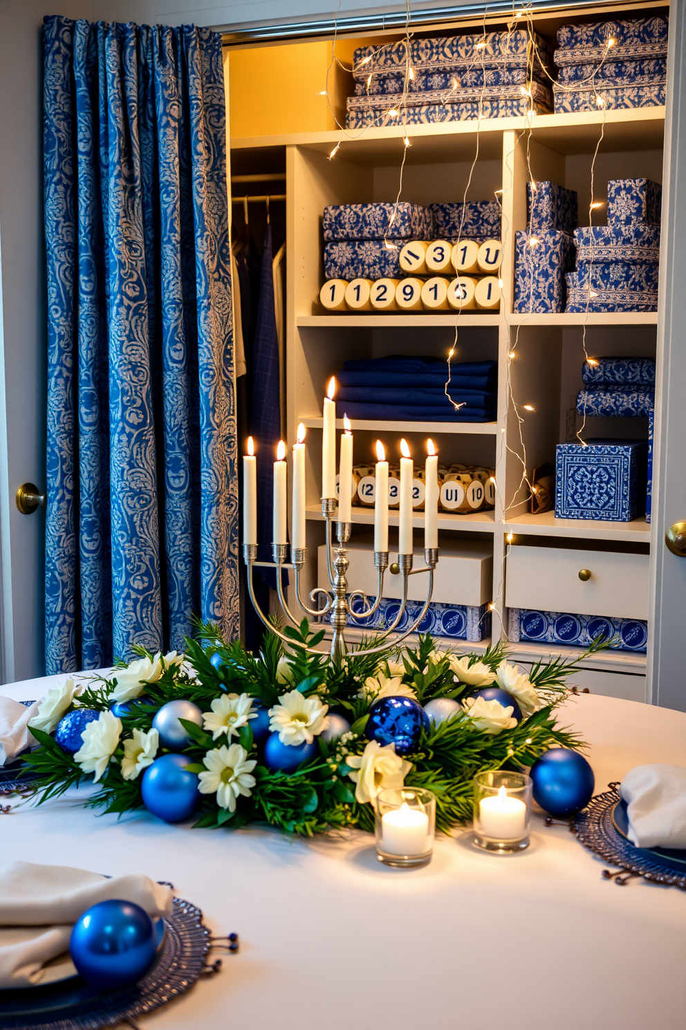 A stunning Hanukkah-themed centerpiece featuring a beautifully arranged menorah surrounded by blue and silver ornaments, with soft candlelight illuminating the table. Fresh greenery and white flowers complement the festive decor, creating an inviting atmosphere for family gatherings. A stylish closet decorated for Hanukkah, showcasing a mix of traditional blue and white textiles, with neatly arranged dreidels and gelt displayed on shelves. Twinkling fairy lights drape elegantly across the closet, adding a warm glow to the festive decorations.