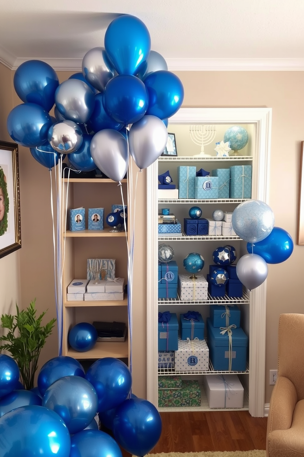 A festive scene featuring a collection of blue and silver balloons elegantly arranged in clusters. The balloons are scattered throughout a cozy living room, creating a cheerful atmosphere for a celebration. A beautifully decorated closet showcases creative Hanukkah decorating ideas. The shelves are adorned with blue and silver accents, including menorahs, dreidels, and wrapped gifts, all thoughtfully arranged for a festive touch.