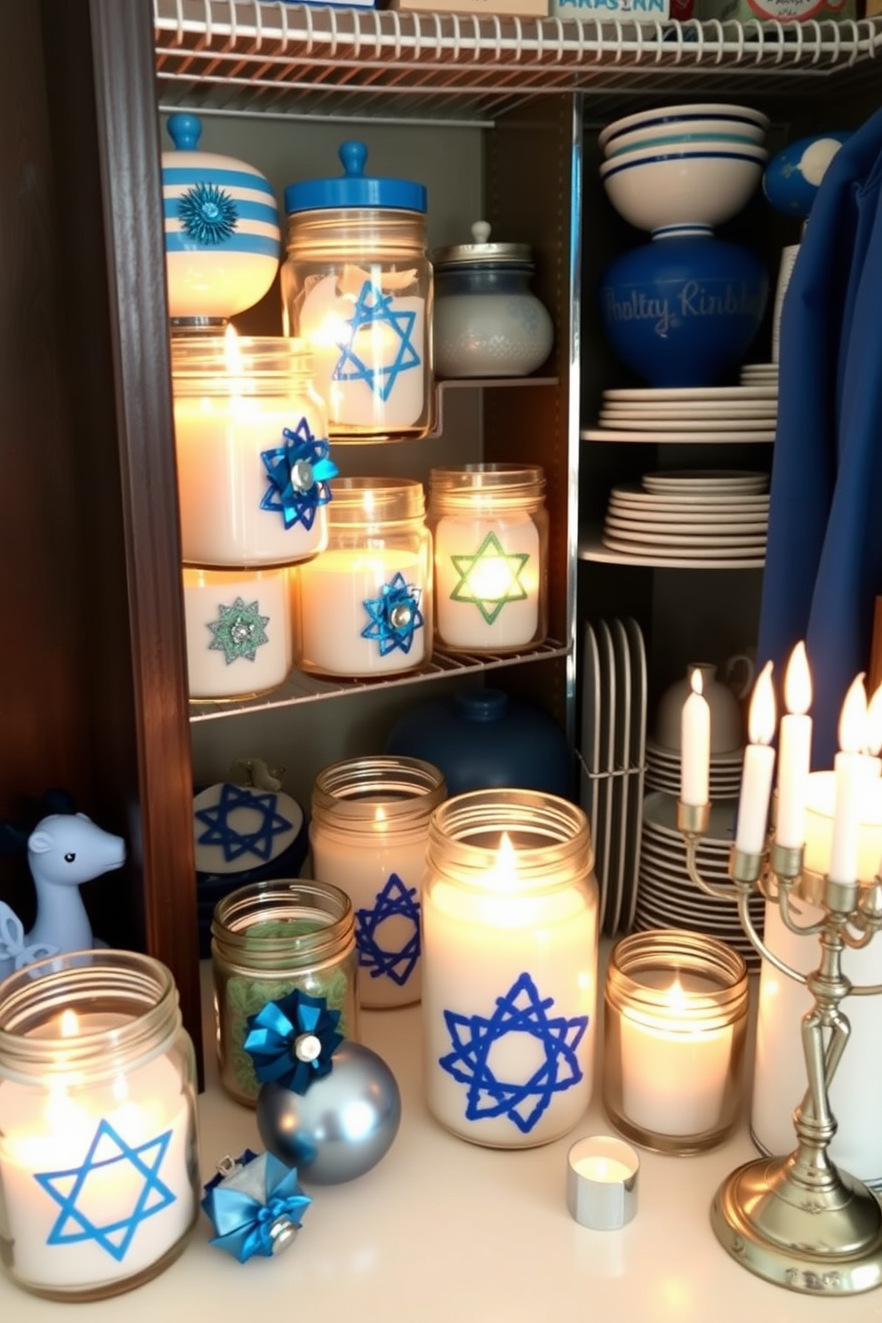 A festive display of Hanukkah-themed mason jar candles, each jar adorned with blue and silver decorations, illuminating a cozy corner. The warm glow of the candles reflects off a nearby menorah, creating a serene atmosphere perfect for the holiday season. A beautifully organized closet showcasing Hanukkah decorations, including neatly arranged dreidels, menorahs, and festive tableware. Soft blue and white accents create a harmonious look, making it easy to find and display cherished holiday items.