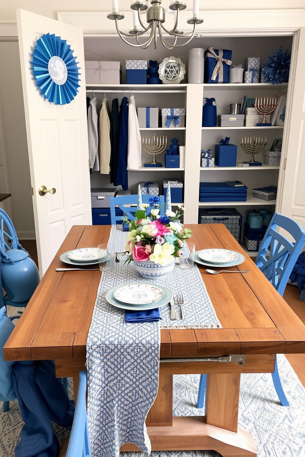 A beautifully set dining table featuring a blue and white tablecloth, elegantly draped over a rustic wooden table. The table is adorned with delicate porcelain dishes, silver cutlery, and a centerpiece of seasonal flowers that complement the color scheme. A cozy closet space decorated for Hanukkah, showcasing blue and silver accents throughout. Festive decorations include string lights, menorah displays, and neatly organized gift boxes, creating a warm and inviting atmosphere for the holiday season.