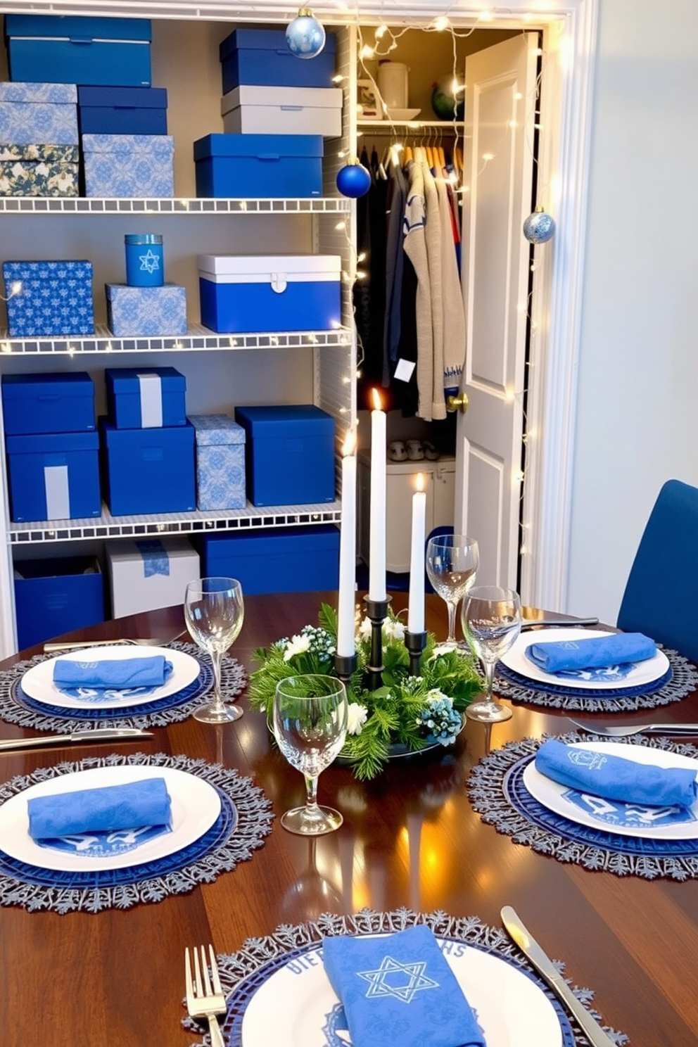 A festive dining setting featuring Hanukkah-themed placemats adorned with blue and silver designs, showcasing symbols like the menorah and dreidels. The table is set with elegant dinnerware, and a centerpiece of candles and seasonal greenery enhances the celebratory atmosphere. A beautifully organized closet decorated for Hanukkah, with shelves displaying decorative boxes in vibrant blues and whites. Twinkling fairy lights are draped along the shelves, and festive ornaments hang from the closet rod, creating a joyful and inviting space.