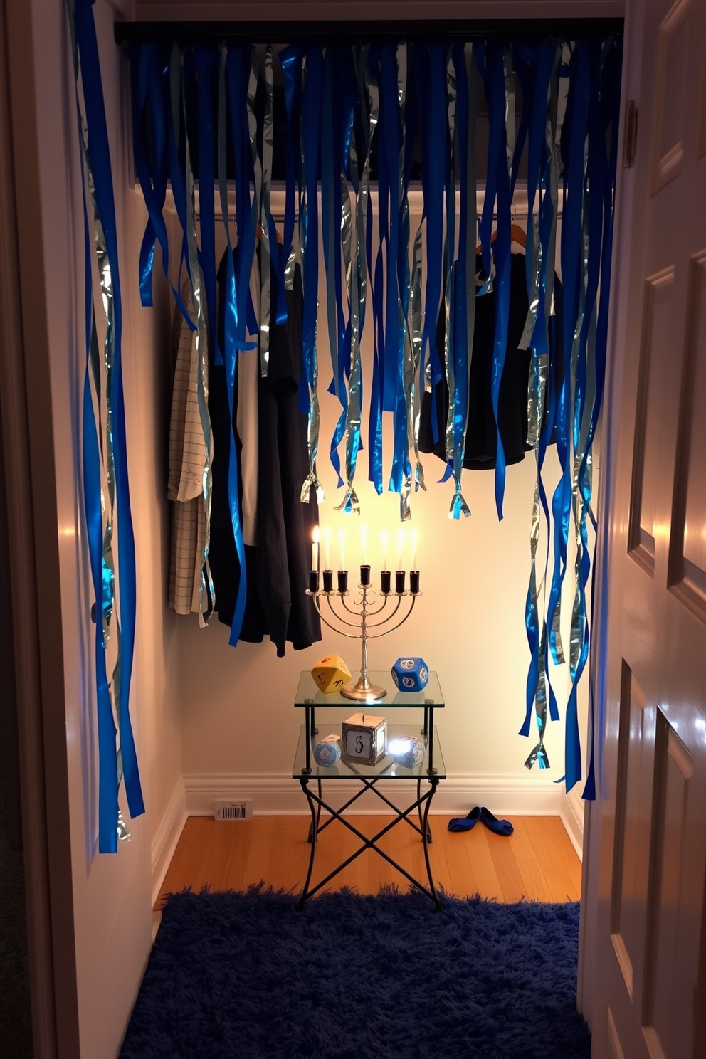 A festive closet adorned with blue and silver streamers, creating a vibrant and celebratory atmosphere. The streamers cascade from the top shelf, adding a touch of elegance to the Hanukkah decorations. On the floor, a cozy rug in shades of blue complements the decor, while a small table displays a beautifully arranged menorah surrounded by decorative dreidels. Soft lighting enhances the festive mood, illuminating the space with a warm glow.