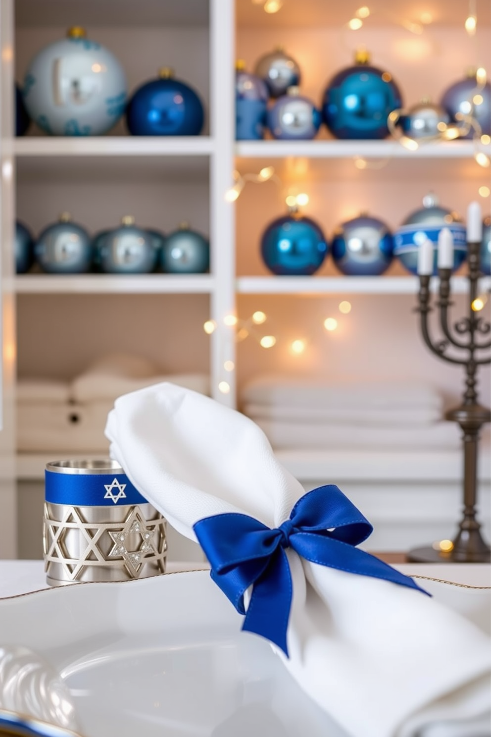 A set of elegant Hanukkah-themed napkin rings, crafted from silver and adorned with intricate Star of David designs. Each ring is complemented by a subtle blue velvet ribbon, adding a touch of luxury to the festive table setting. A cozy closet space decorated for Hanukkah, featuring shelves lined with neatly arranged blue and silver ornaments. The closet is illuminated with warm white fairy lights, creating a magical ambiance that showcases the holiday spirit.