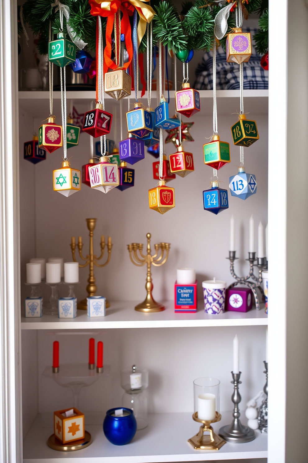 A festive Hanukkah closet adorned with hanging dreidel ornaments, each showcasing vibrant colors and intricate designs. The closet shelves are filled with neatly arranged menorahs and decorative candles, creating a warm and inviting atmosphere for the holiday season.