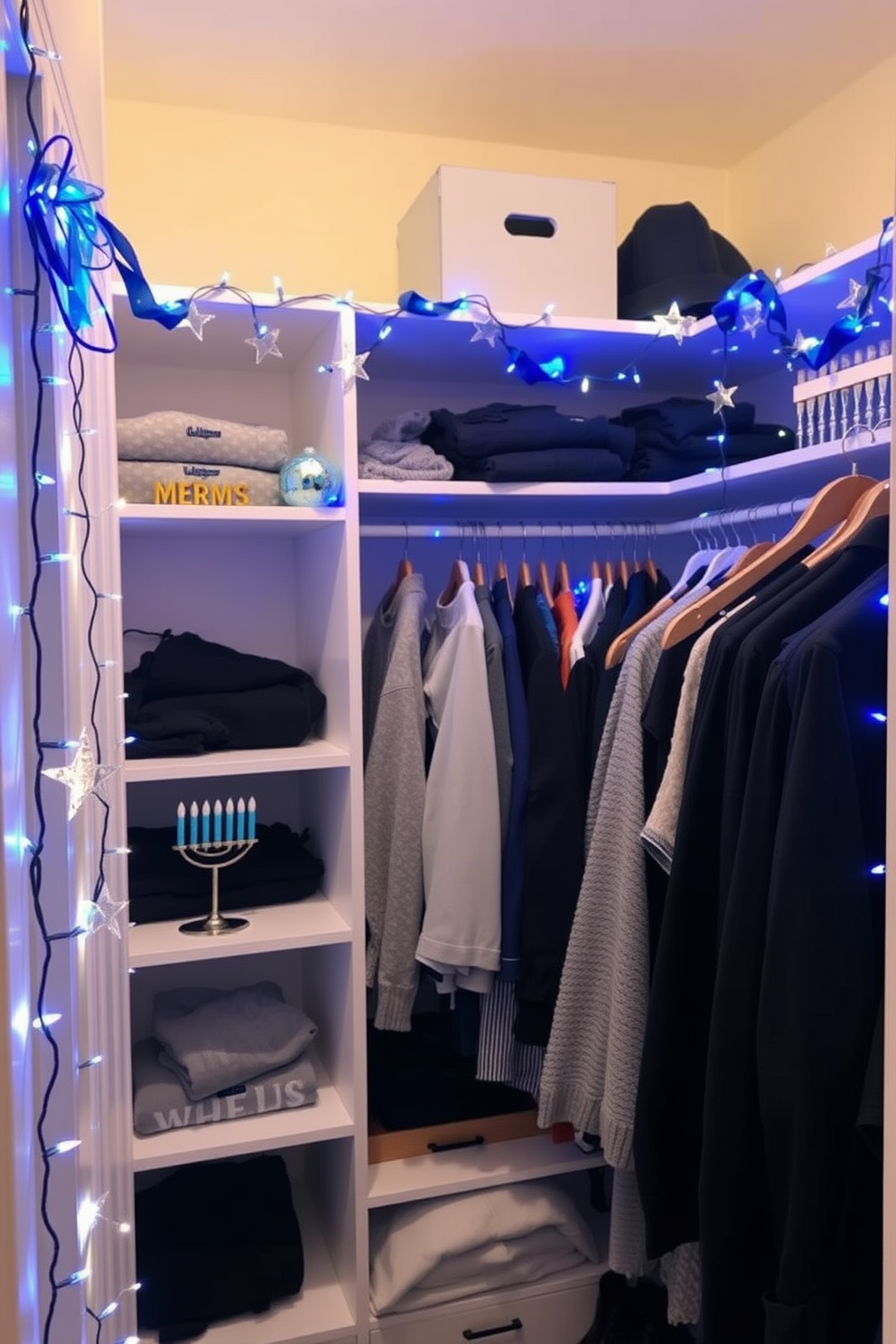 A cozy closet space decorated for Hanukkah, featuring blue and white fairy lights draped along the shelves and around the clothing. The walls are painted a soft white, and decorative menorah-themed ornaments are strategically placed to enhance the festive atmosphere.