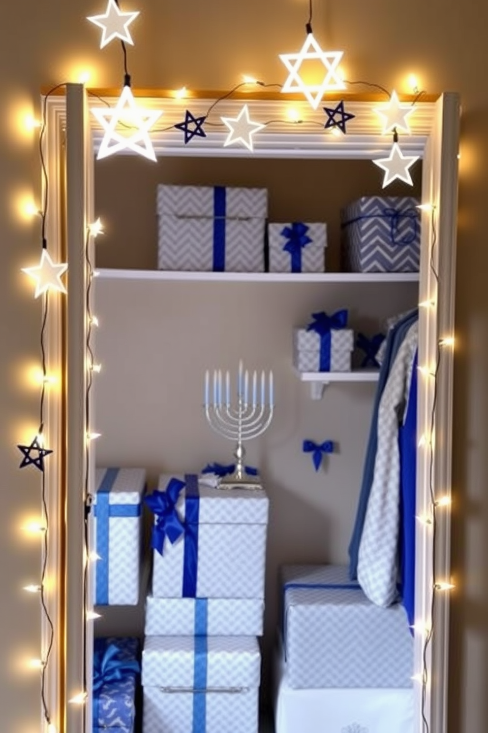 A cozy closet space adorned with Star of David string lights, creating a warm and festive atmosphere. The lights twinkle against a backdrop of soft, neutral walls, enhancing the holiday spirit. Inside the closet, shelves are lined with beautifully wrapped gifts, and a small menorah sits prominently on a shelf. Decorative elements in blue and silver complement the Hanukkah theme, adding a touch of elegance to the festive display.