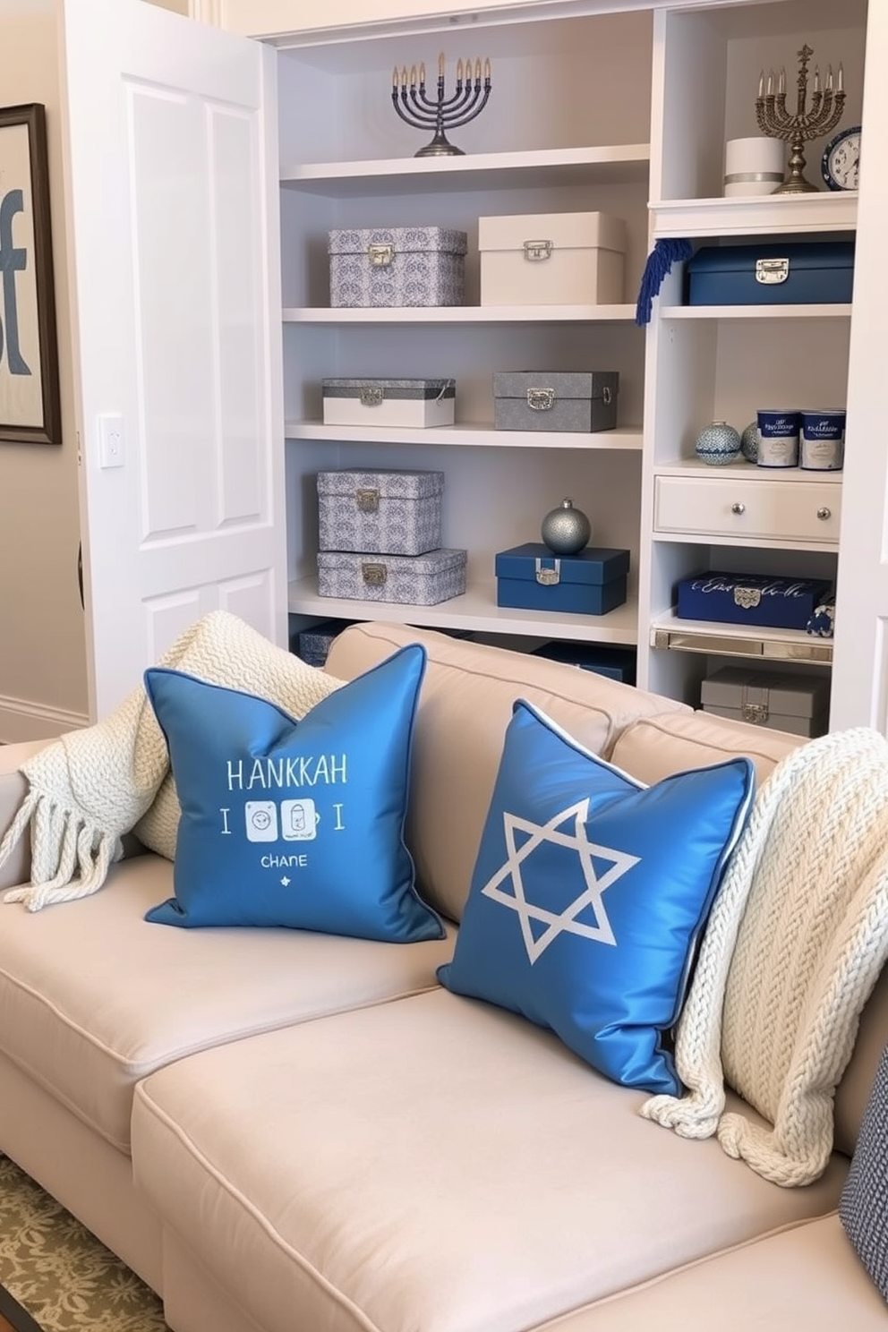 A cozy living room adorned with Hanukkah-themed throw pillows in shades of blue and silver, featuring traditional motifs like dreidels and menorahs. The plush couch is complemented by a soft, knitted throw blanket draped over one arm, creating an inviting atmosphere for family gatherings. A stylish closet decorated for Hanukkah, showcasing elegant storage solutions with blue and white accents. The shelves are adorned with decorative boxes and festive ornaments, while a beautiful menorah sits prominently on a top shelf, adding a touch of seasonal charm.