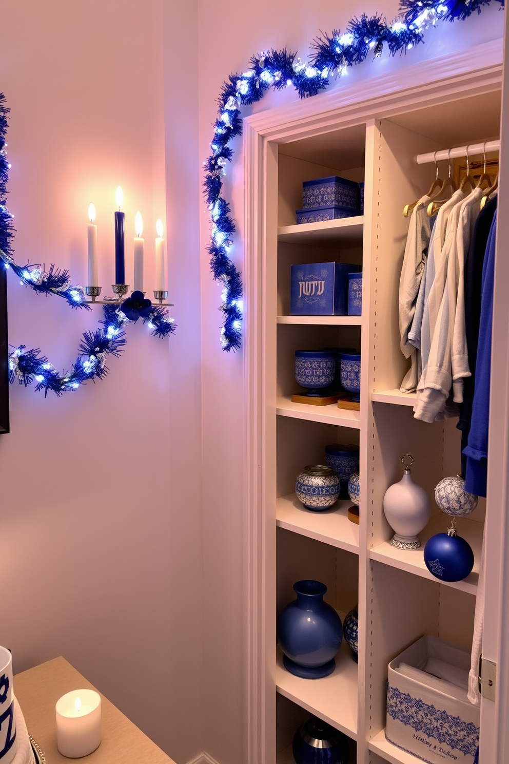 A cozy corner adorned with blue and white candles, creating a serene ambiance. The flickering light dances off the walls, enhancing the festive spirit of the Hanukkah decorations. A beautifully organized closet featuring elegant Hanukkah-themed decor. Shelves are lined with blue and white accents, including decorative boxes and festive ornaments that capture the essence of the holiday.