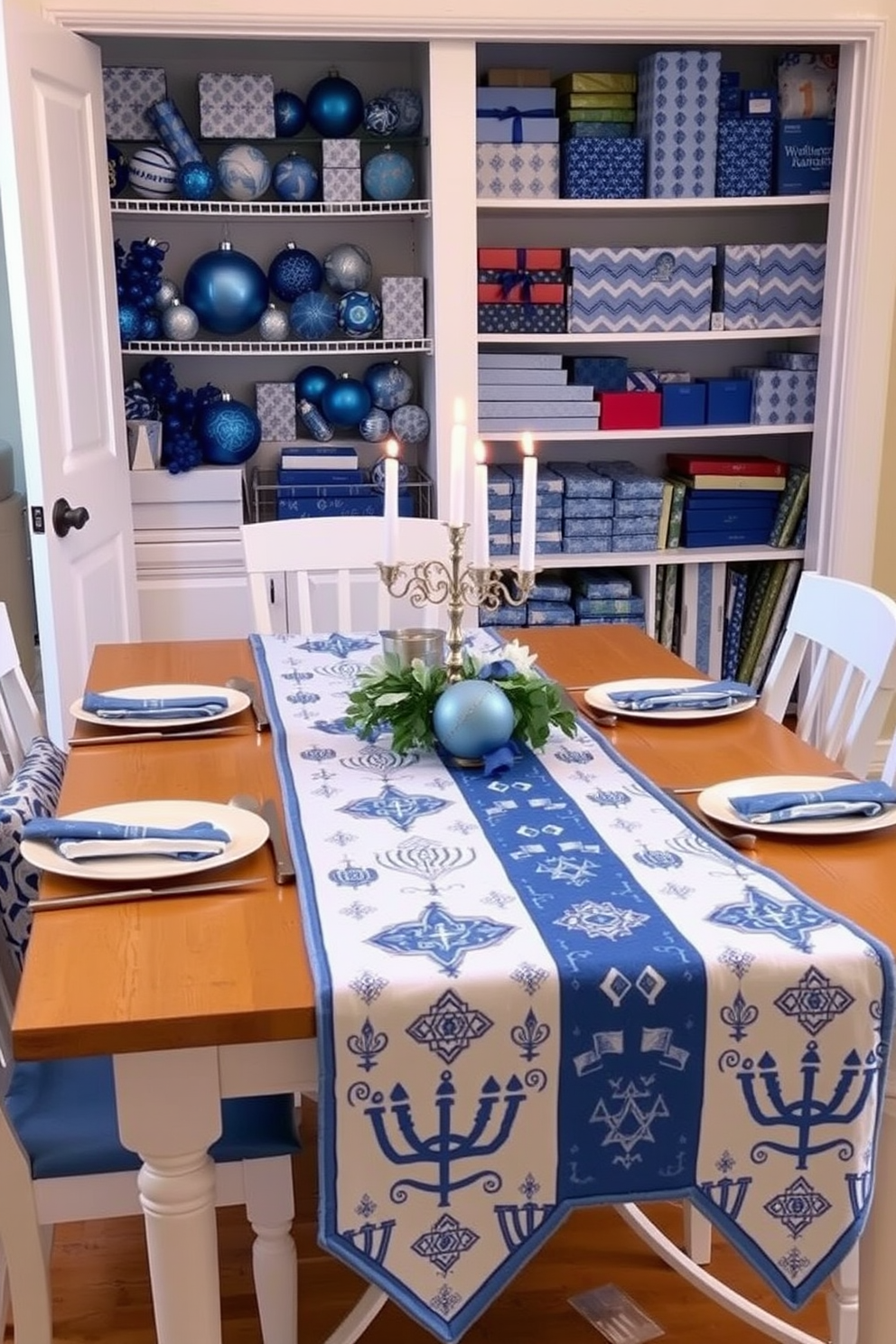 A festive Hanukkah-themed table runner stretches elegantly across a beautifully set dining table, adorned with blue and silver accents. The runner features intricate patterns of menorahs and dreidels, perfectly complementing the warm glow of candles from a nearby menorah. In a cozy closet space, Hanukkah decorations are thoughtfully organized, showcasing vibrant blue and white ornaments alongside traditional symbols. Shelves are lined with neatly arranged wrapping paper and gift boxes, ready for the celebration ahead.