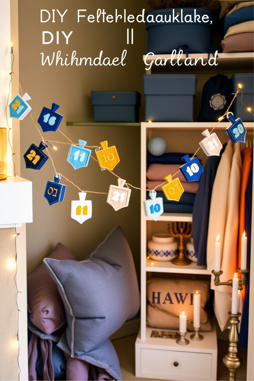 A whimsical DIY felt dreidel garland, featuring colorful felt dreidels in shades of blue, gold, and white, strung together with twine. The garland is draped across a mantel, complemented by twinkling fairy lights for a festive glow. A cozy closet decorated for Hanukkah, showcasing neatly organized shelves adorned with blue and silver accents. Soft textiles in rich fabrics create a warm atmosphere, while decorative menorahs and candles add a touch of traditional charm.