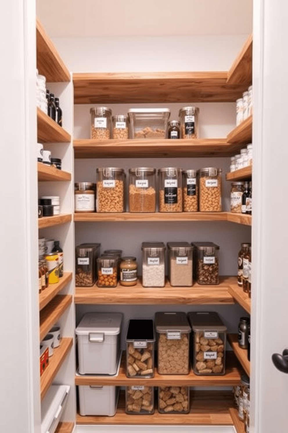 A modern closet pantry featuring open shelving for easy access to frequently used items. The shelves are made of reclaimed wood, creating a warm contrast against the sleek white walls, with labeled containers neatly arranged for organization.