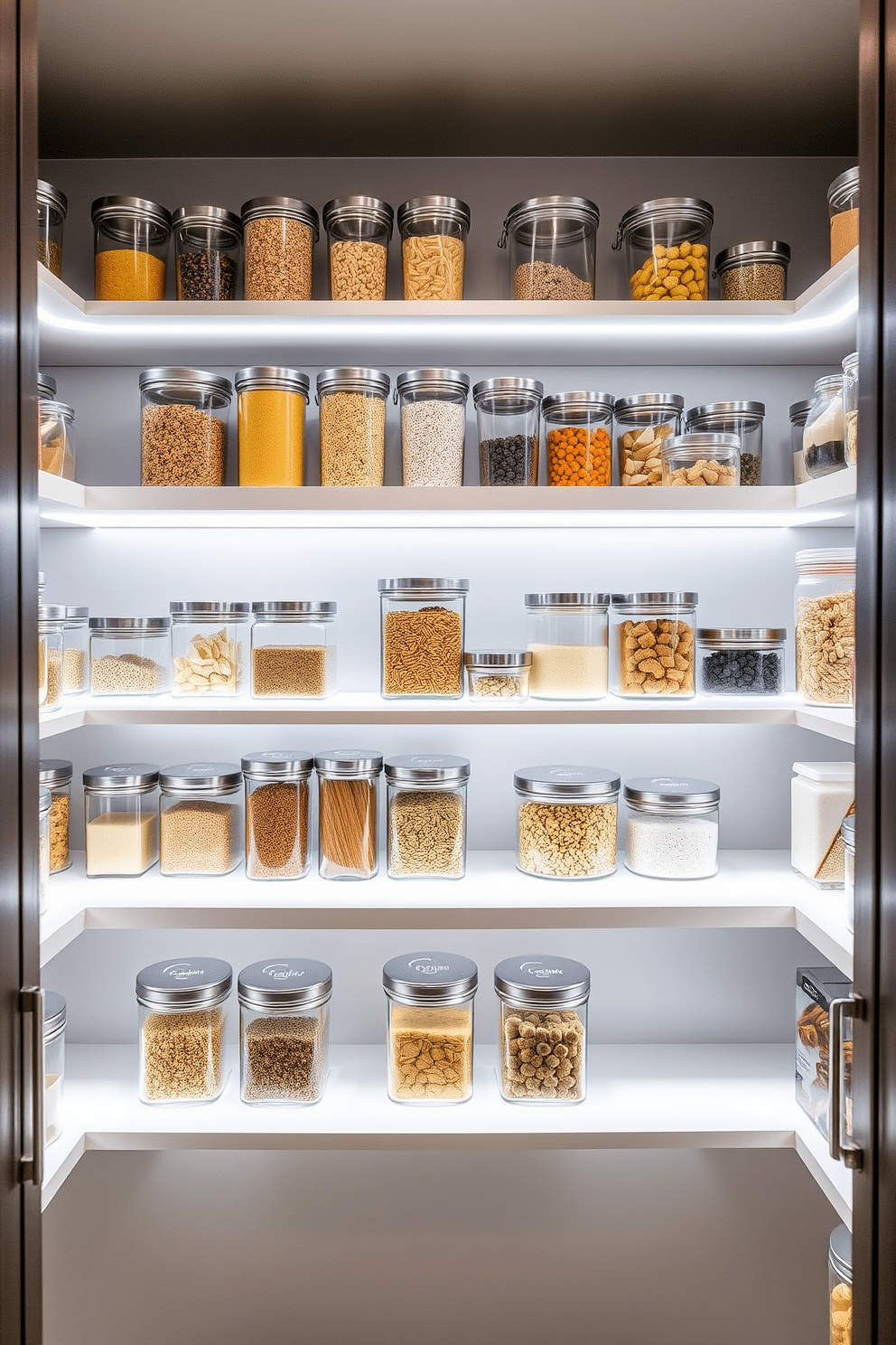 A sleek closet pantry design featuring glass containers arranged neatly on open shelves. The containers are filled with colorful ingredients, and the shelves are illuminated with soft LED lighting to enhance the modern aesthetic.