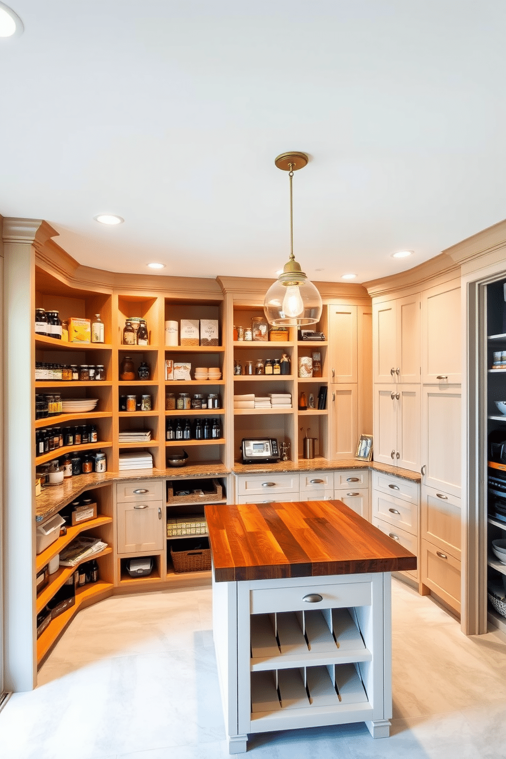 A spacious pantry island with a butcher block countertop provides additional workspace and storage. Surrounding the island, open shelves display neatly organized jars and ingredients, while pendant lights hang above for a warm ambiance. The closet pantry features custom cabinetry with pull-out drawers and a designated area for small appliances. Soft, recessed lighting illuminates the space, highlighting the clean lines and efficient layout for easy access to all pantry items.