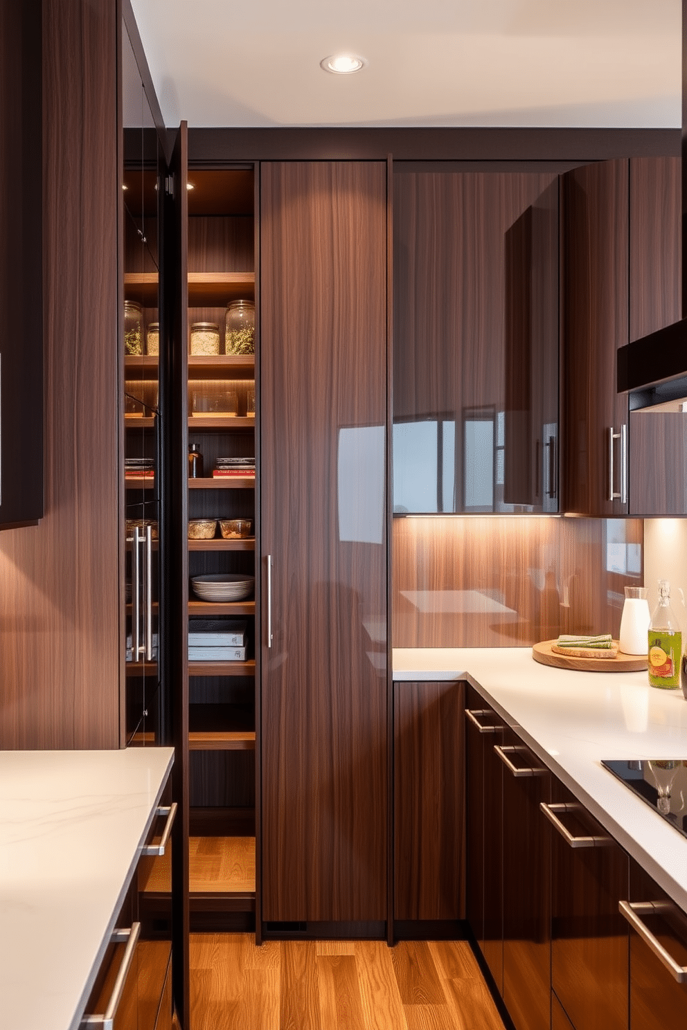 A seamless integration of custom cabinetry enhances the kitchen's overall aesthetic, featuring sleek lines and a high-gloss finish that reflects modern luxury. The cabinetry is designed with ample storage, incorporating innovative pull-out shelves and soft-close mechanisms for functionality. The closet pantry design showcases a well-organized space with floor-to-ceiling shelving, allowing for easy access to ingredients and kitchen essentials. Warm lighting illuminates the pantry, highlighting the rich wood tones and creating an inviting atmosphere.