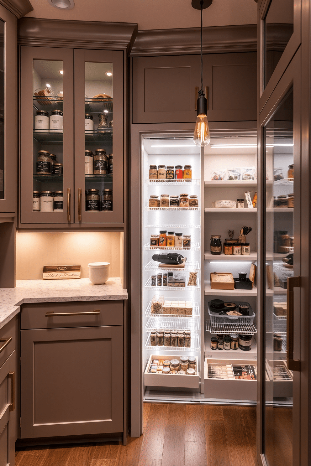 A stunning kitchen pantry design features sleek, custom cabinetry with glass doors that showcase neatly organized jars and spices. Elegant lighting fixtures, such as pendant lights with warm bulbs, illuminate the space, creating an inviting atmosphere. The closet pantry is designed with ample shelving and a pull-out drawer system to maximize storage efficiency. Soft LED strip lights highlight the contents, making it easy to find ingredients and enhancing the overall aesthetic.