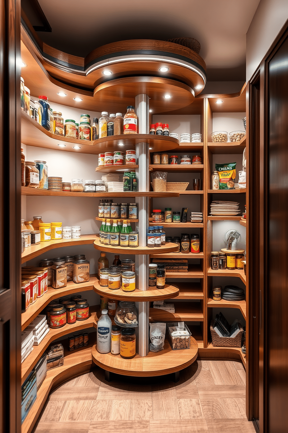 A rotating lazy Susan for corner storage features a sleek, modern design with smooth, curved edges that maximize accessibility. The shelves are made of durable wood with a rich finish, allowing for easy organization of spices, canned goods, and kitchen essentials. For closet pantry design ideas, envision a spacious layout with floor-to-ceiling shelving that utilizes every inch of vertical space. The pantry includes integrated lighting and a mix of open and closed storage solutions, ensuring both functionality and aesthetic appeal.