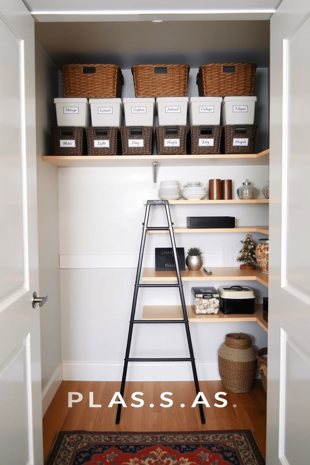 A stylish closet pantry with overhead racks designed for seasonal items. The walls are painted in a soft white, and the shelves are made of light wood, providing a warm contrast. The overhead racks are neatly organized, showcasing labeled bins for easy access to seasonal decorations. A small ladder rests against the wall, allowing reach to the higher shelves, while a decorative rug adds a cozy touch to the floor.