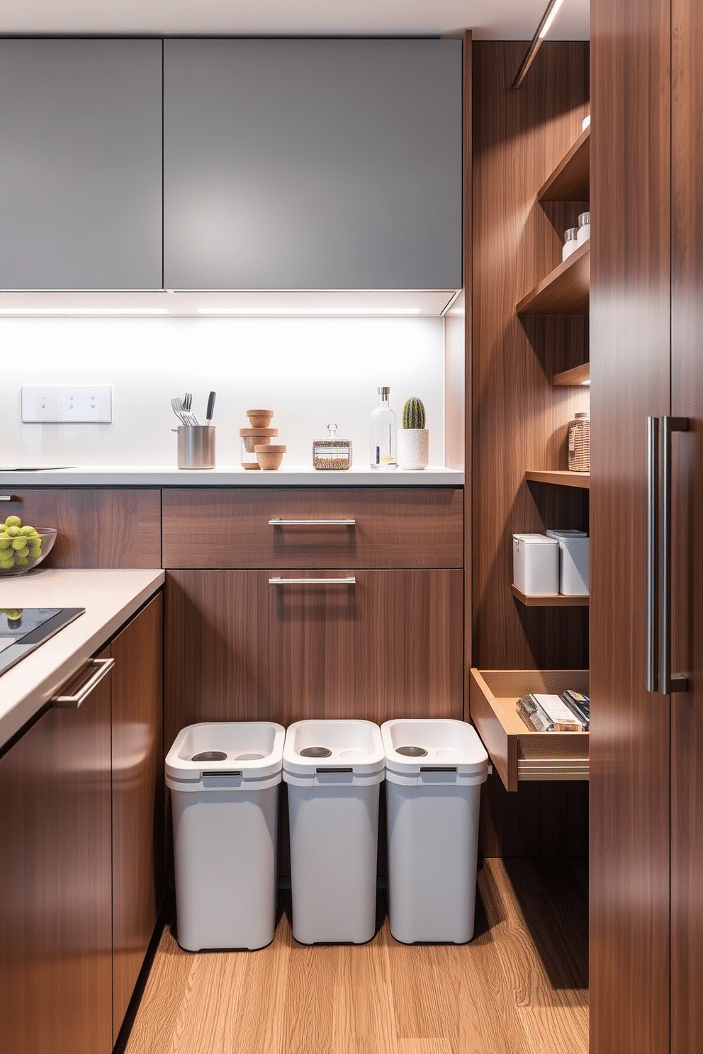 A modern kitchen featuring integrated recycling bins seamlessly built into the cabinetry, promoting eco-friendliness without compromising aesthetics. The space showcases sleek, minimalist design with a neutral color palette, and the bins are easily accessible yet discreetly hidden. A stylish closet pantry designed with open shelving and pull-out drawers for optimal organization and accessibility. The pantry combines functionality with elegance, featuring a warm wood finish and soft ambient lighting to create an inviting atmosphere.