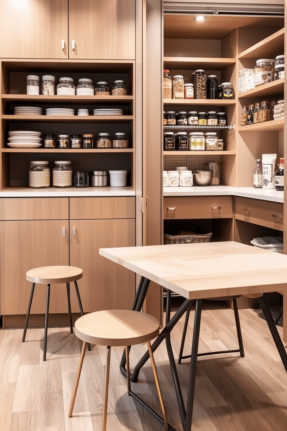 A sleek and functional meal prep area features a set of foldable tables that can be easily expanded or tucked away as needed. The tables are made of light wood with a smooth finish, complemented by stylish metal legs, and are surrounded by minimalist stools for an inviting atmosphere. The closet pantry design incorporates custom shelving that maximizes storage while maintaining a clean aesthetic. Soft, ambient lighting highlights the organized jars and containers, while a small countertop area offers space for meal planning and quick access to essential ingredients.