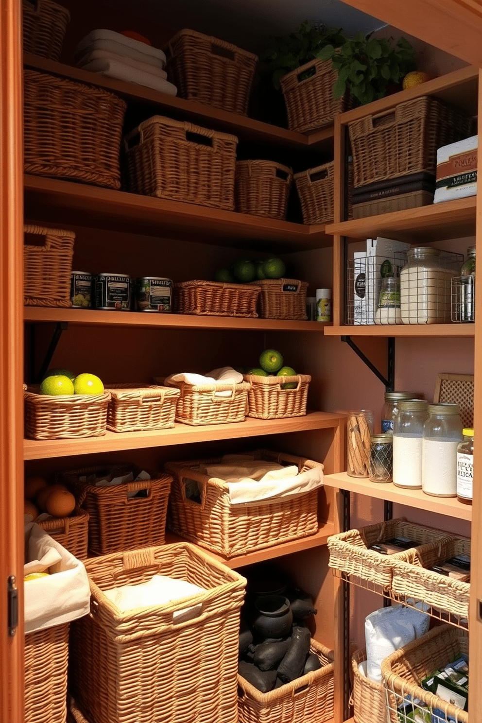 A cozy closet pantry featuring woven baskets for a rustic touch. The shelves are lined with an assortment of natural fiber baskets, each filled with fresh produce and dry goods, creating an inviting and organized space. The walls are painted in a warm, earthy tone, complementing the wooden shelving. Soft lighting illuminates the area, highlighting the textures of the baskets and the rustic charm of the pantry.