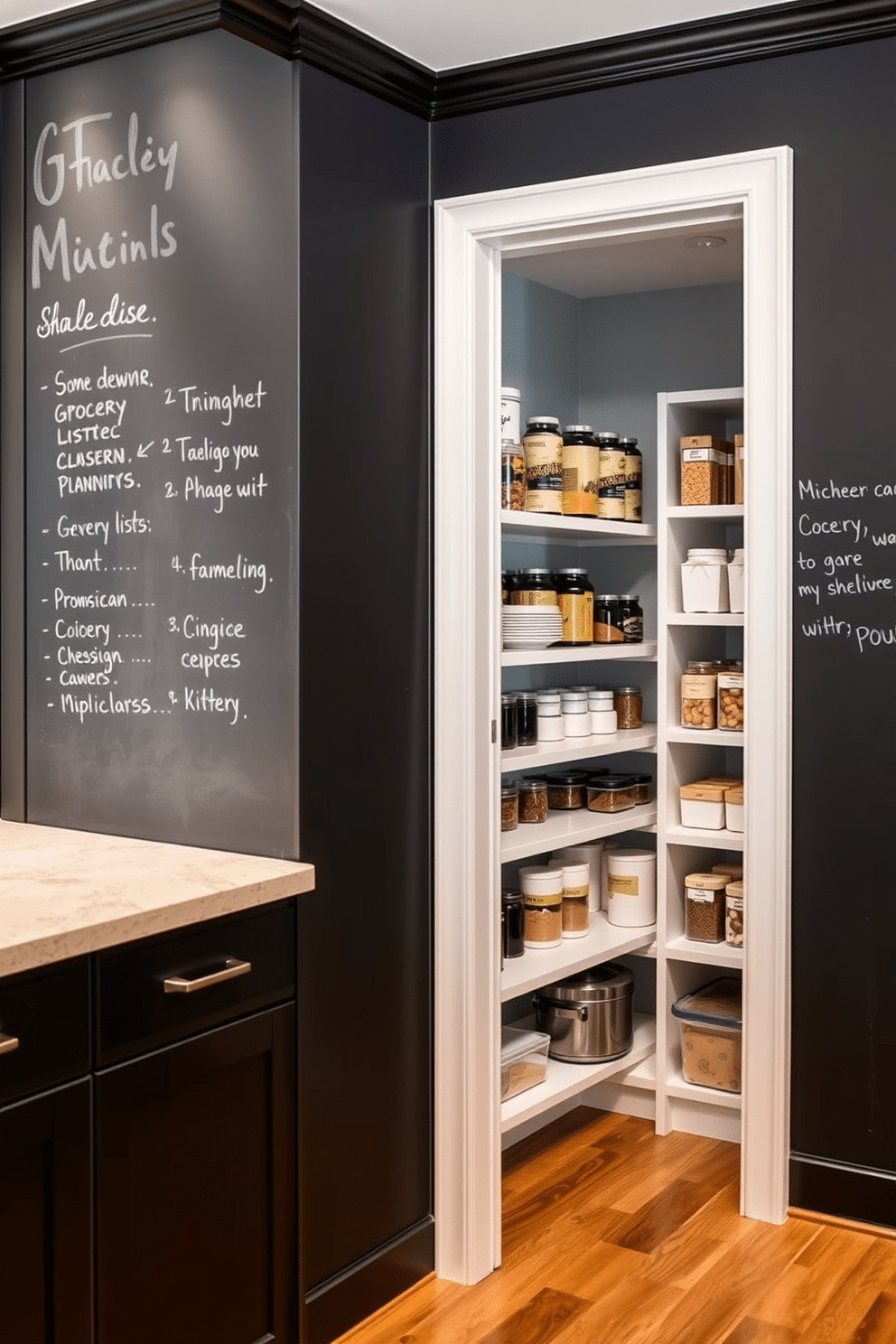 A functional kitchen space features chalkboard walls, perfect for jotting down grocery lists and meal planning notes. The walls are framed with sleek black trim, creating a modern yet inviting atmosphere. The closet pantry is designed with open shelving to maximize storage and accessibility, showcasing neatly organized jars and containers. Warm wood accents complement the bright white shelves, adding a touch of elegance to the practical space.