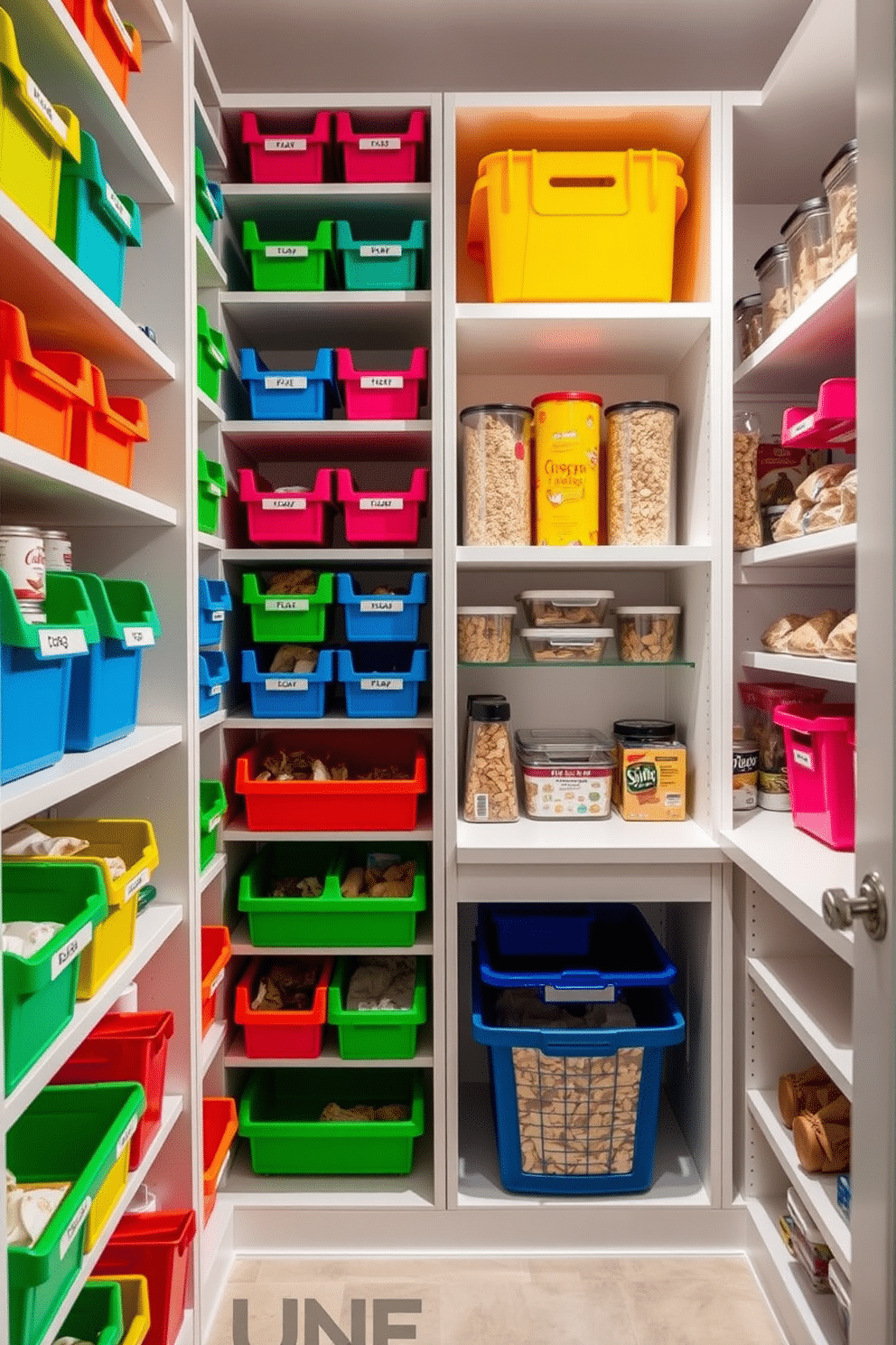 Colorful bins for organized storage create a vibrant and functional space. Each bin is labeled and neatly arranged on open shelves, allowing easy access to items while adding a playful touch to the room. For a closet pantry design, imagine a well-lit space with custom shelving that maximizes storage efficiency. The shelves are stocked with clear containers filled with dry goods, and a small countertop area is available for meal prep, enhancing both organization and usability.