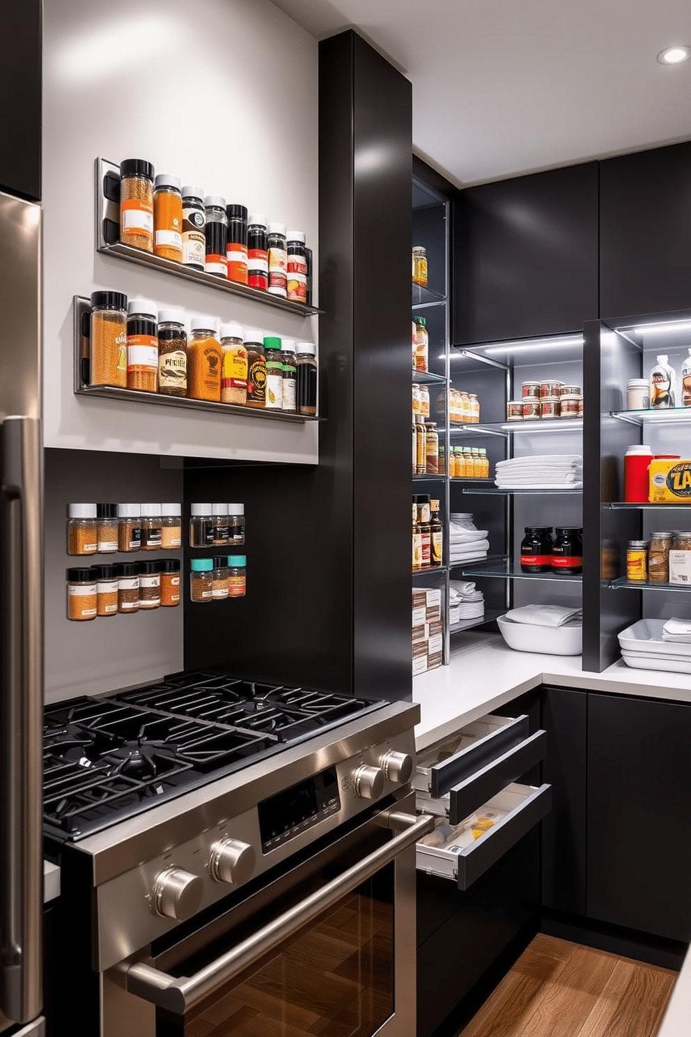 A sleek kitchen featuring magnetic strips for spice organization. The strips are mounted on a wall beside the stove, showcasing an array of colorful spice jars that add a pop of visual interest. An elegant closet pantry designed for maximum efficiency and style. The pantry includes custom shelving, pull-out drawers, and a designated area for bulk storage, all illuminated by soft LED lighting.