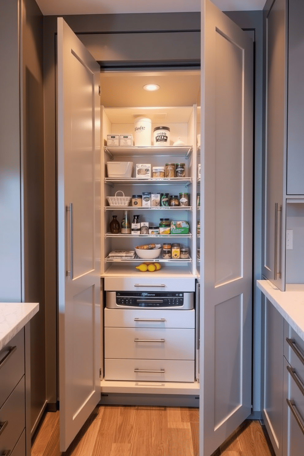 A stylish closet pantry featuring hidden compartments for bulk storage. The design includes floor-to-ceiling cabinetry with sleek, handle-less doors that seamlessly blend into the kitchen decor. Inside, pull-out shelves and drawers maximize space, allowing for easy access to stored items. Soft, ambient lighting highlights the organized shelves, creating a functional yet elegant storage solution.