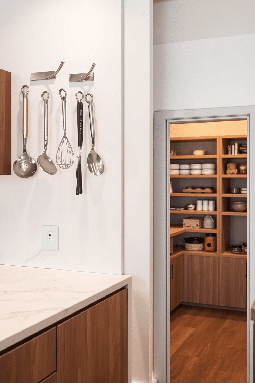 A modern kitchen features wall-mounted hooks made of brushed stainless steel, elegantly arranged above a sleek marble countertop. The hooks hold a variety of kitchen utensils, adding both functionality and a touch of style to the space. The closet pantry is designed with open shelving made of natural wood, providing easy access to pantry items. Soft, warm lighting illuminates the shelves, creating an inviting atmosphere while maximizing storage efficiency.