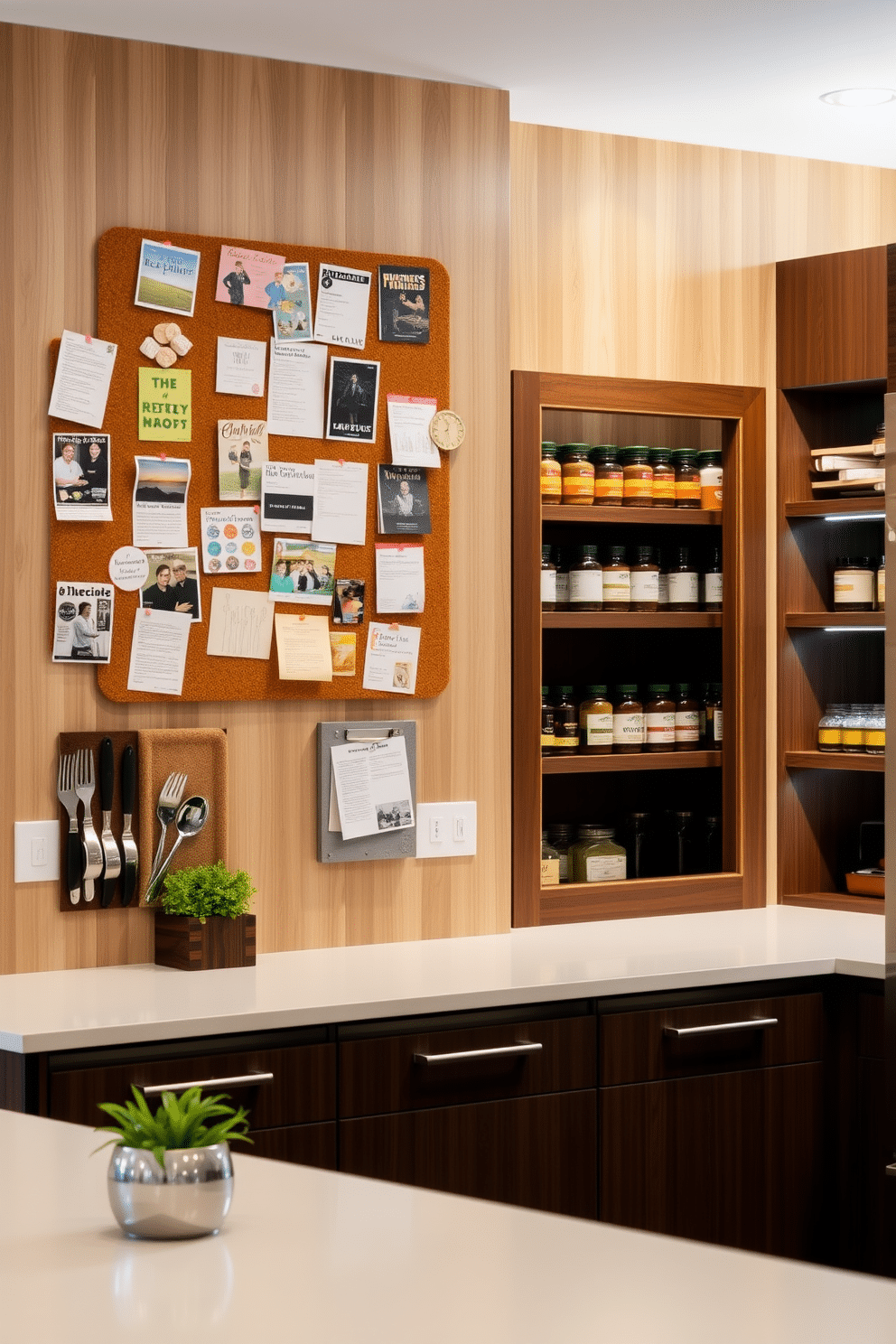 A corkboard filled with colorful recipe cards and clippings, mounted on a light wood wall, creates a vibrant focal point in a modern kitchen. Below, a sleek countertop with a small herb garden adds a touch of greenery, while a stylish pinboard organizer keeps essential tools and utensils within easy reach. A closet pantry designed with open shelving displays neatly arranged jars of spices and ingredients, showcasing a blend of functionality and aesthetics. Soft LED lighting illuminates the space, highlighting the rich wood tones and creating an inviting atmosphere for meal preparation.