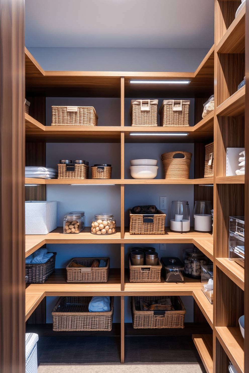 A modern closet pantry featuring adjustable shelving that allows for flexible storage solutions. The shelves are crafted from sleek wood, offering a combination of open and closed storage options to accommodate various pantry items. Incorporated into the design are decorative baskets and clear containers that enhance organization while adding a touch of style. Soft LED lighting illuminates the space, highlighting the pantry's contents and creating an inviting atmosphere.