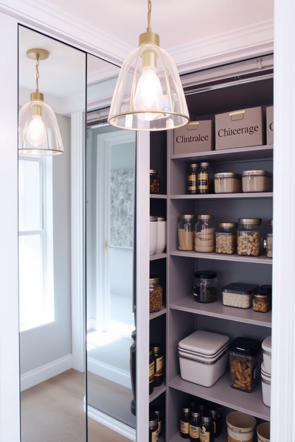 A stylish closet pantry with mirrored doors that reflect light, creating an illusion of spaciousness. The shelves are neatly organized with glass containers, and a chic pendant light hangs above, illuminating the space beautifully.