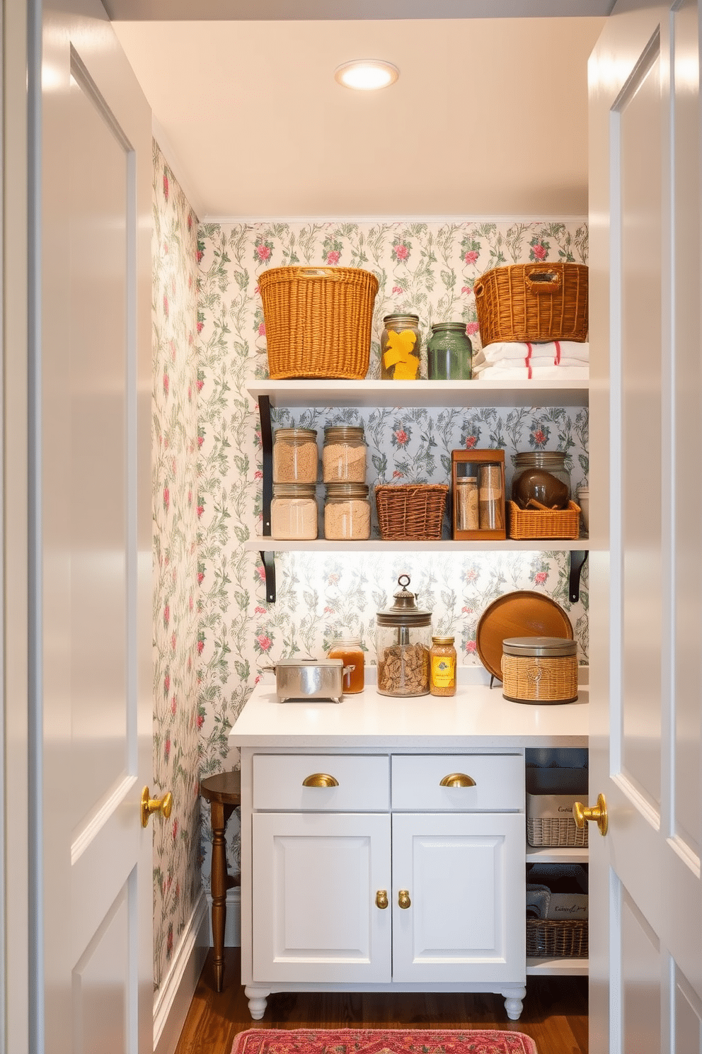 A vibrant closet pantry design featuring decorative wallpaper that adds personality and charm. The walls are adorned with a whimsical floral pattern, while open shelving displays neatly organized jars and baskets for easy access. A cozy and functional closet pantry with soft, ambient lighting highlighting the decorative wallpaper. The design incorporates a sleek countertop for meal prep, complemented by a mix of vintage and modern storage solutions.